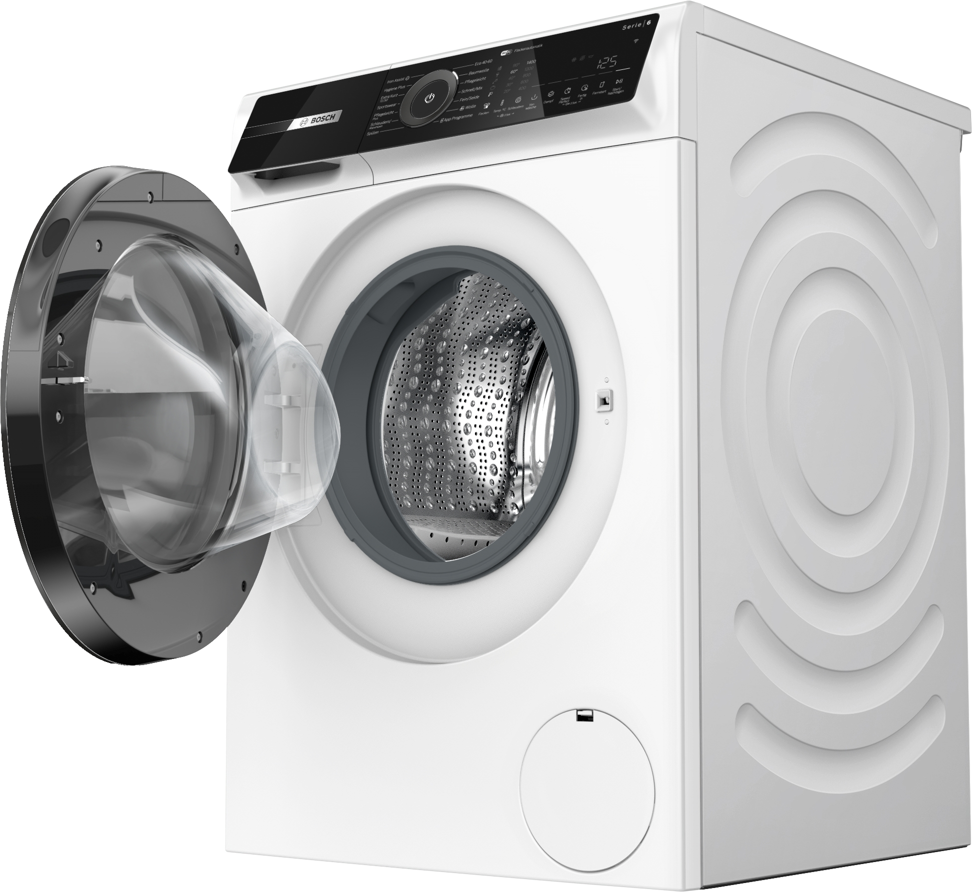 Eine weiße Bosch Waschmaschine mit geöffneter Tür und Bedienfeld.