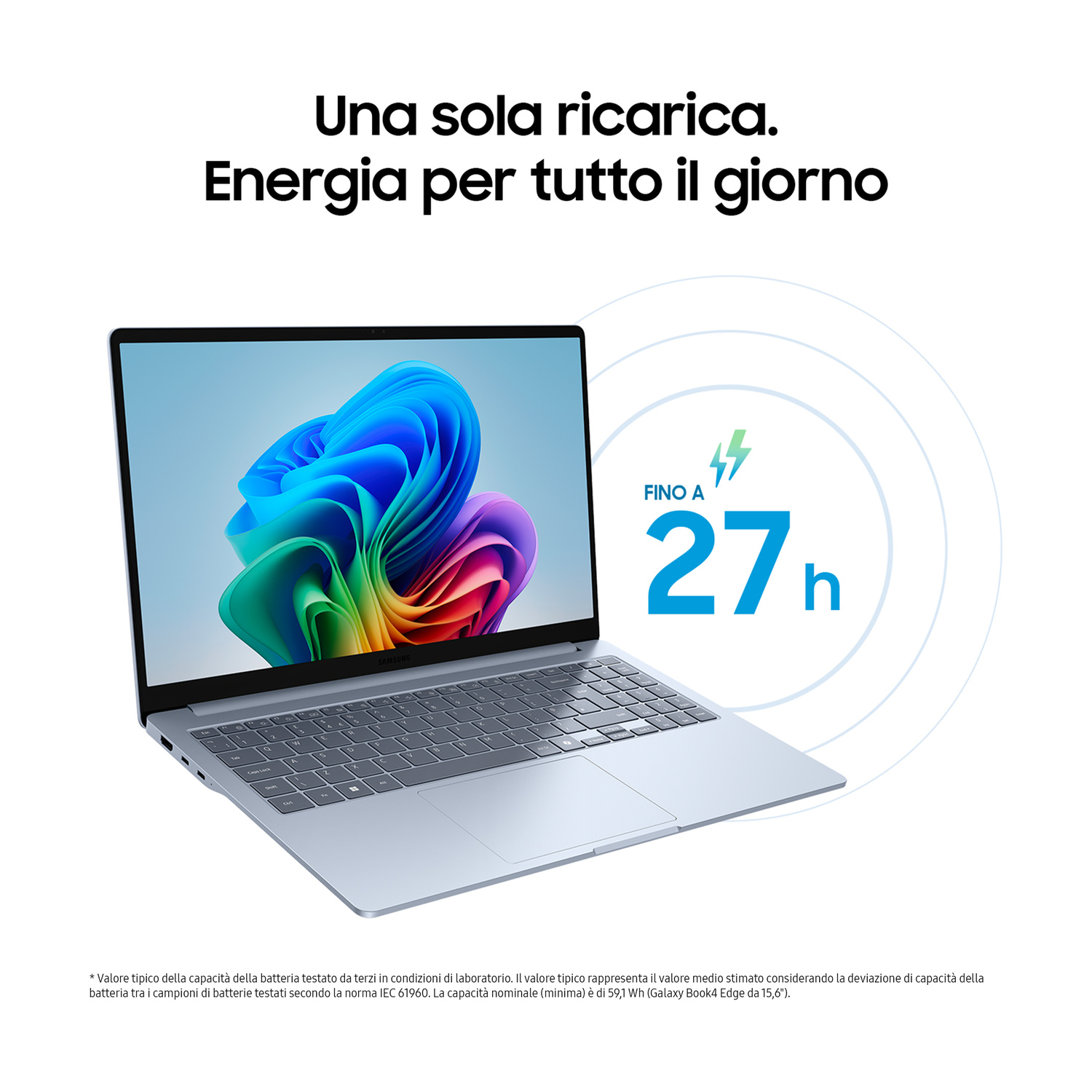 Una sola ricarica. Energia per tutto il giorno. Laptop con 27 ore di batteria.