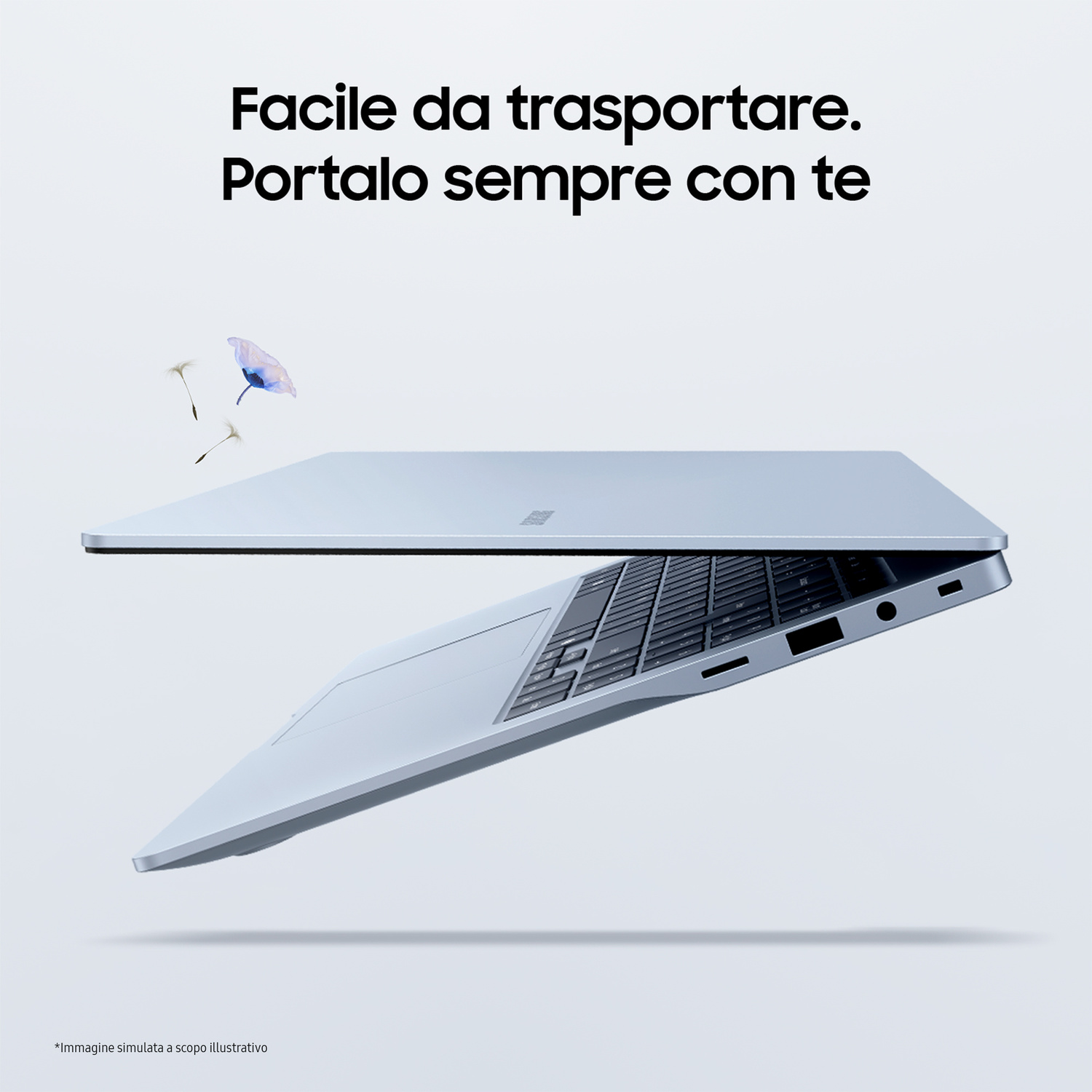 Un laptop azzurro aperto fluttua su sfondo bianco. Piccoli fiori fluttuano accanto.