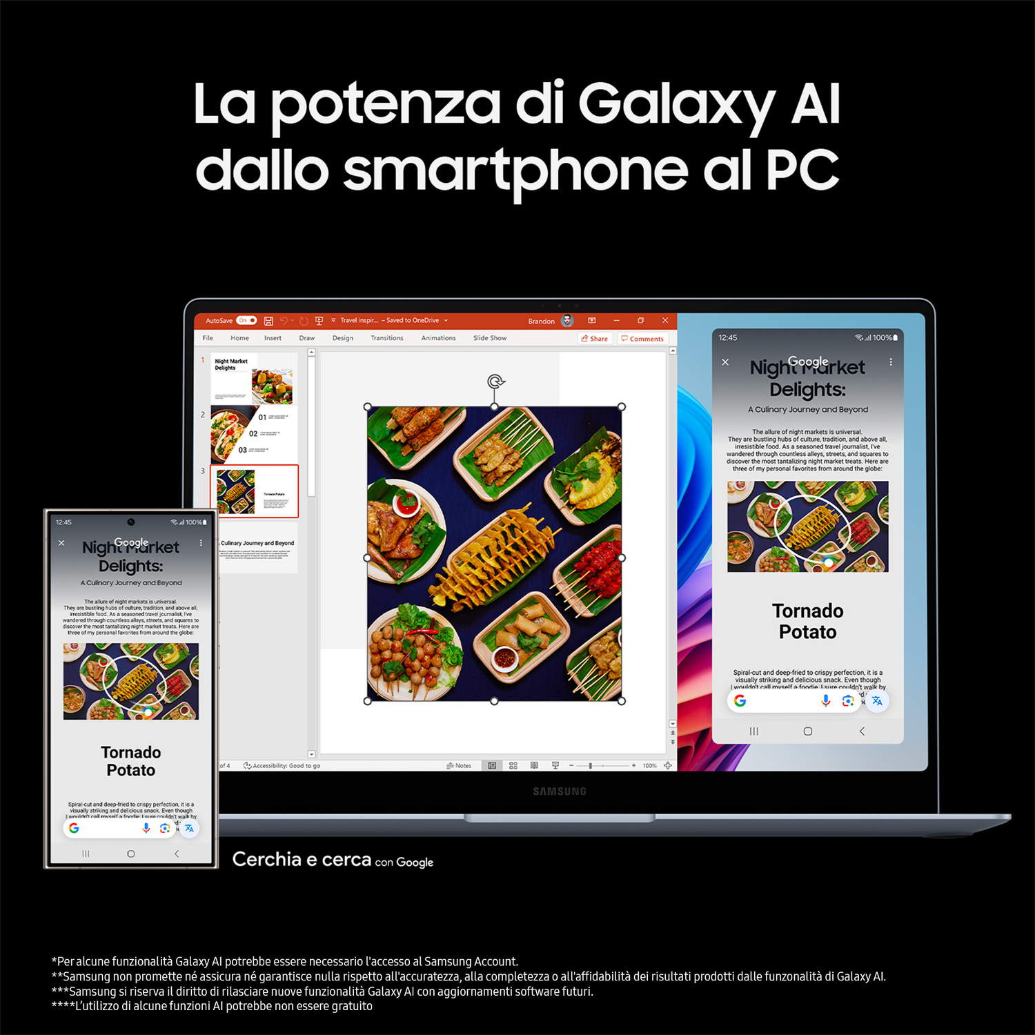 Un laptop mostra una presentazione con immagini di cibo e uno smartphone una pagina web.