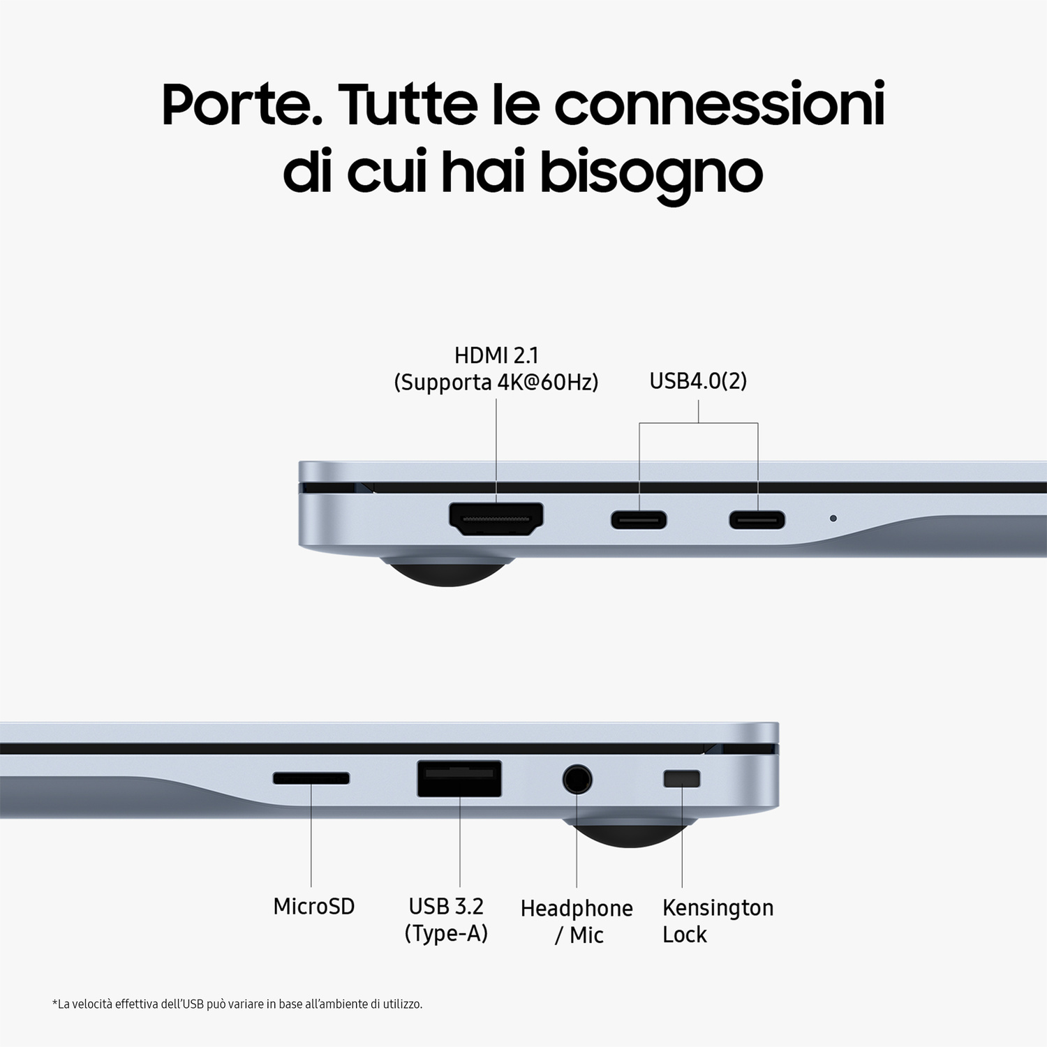 Porte del laptop: HDMI 2.1, USB4.0(2), MicroSD, USB 3.2, Cuffie/Microfono, Kensington Lock.