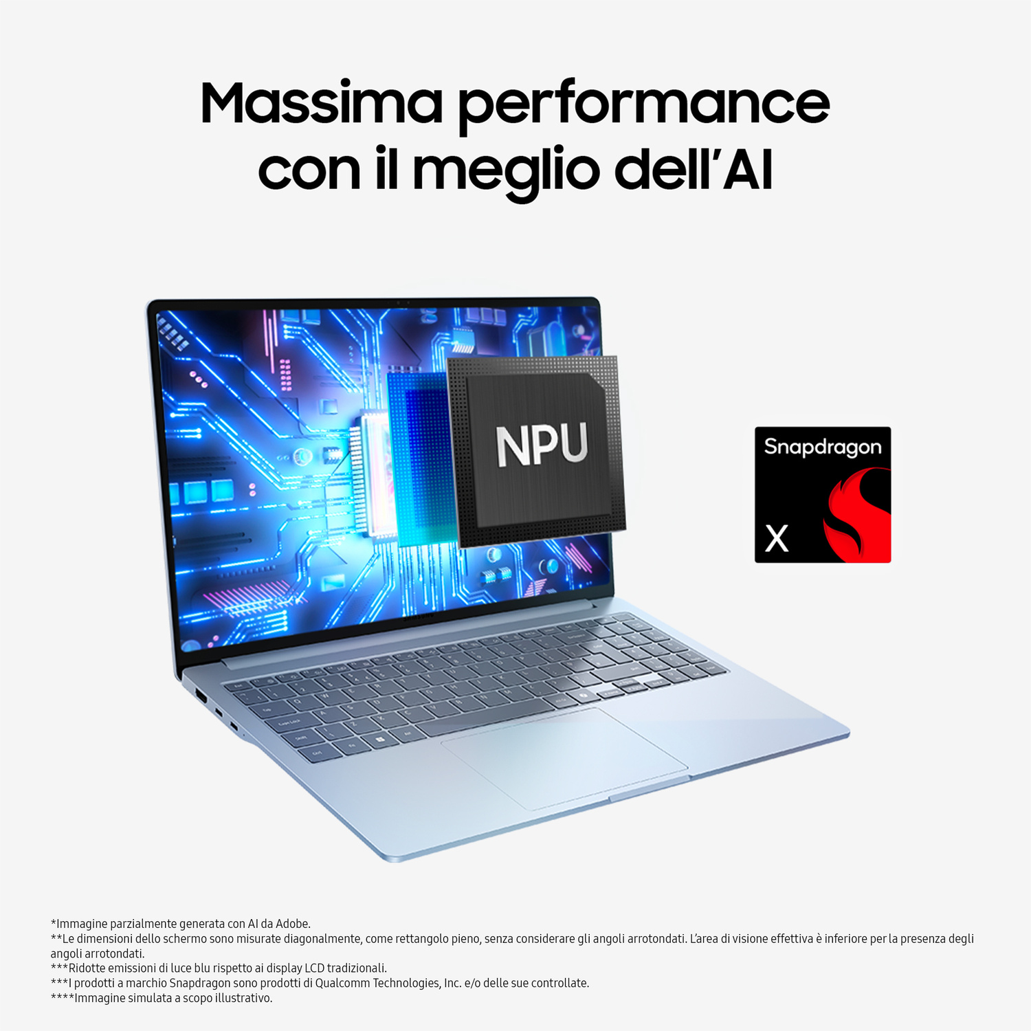 Laptop con chip NPU e logo Snapdragon X. Massima performance con l'IA.