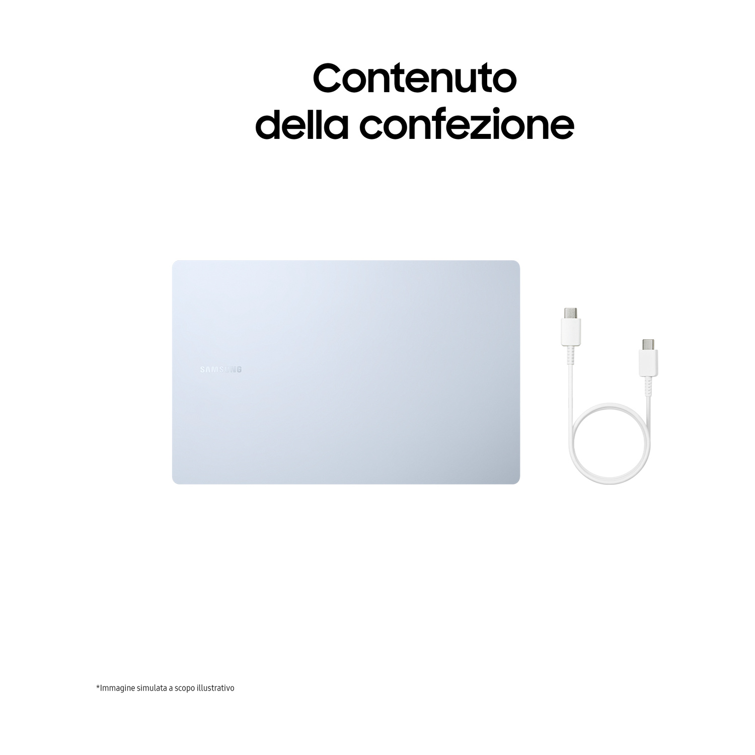 Un tablet Samsung azzurro e un cavo USB-C bianco.