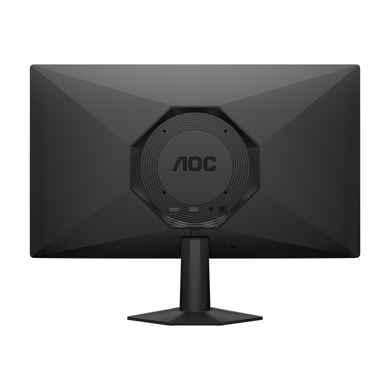 Retro di un monitor AOC nero con porte e logo.