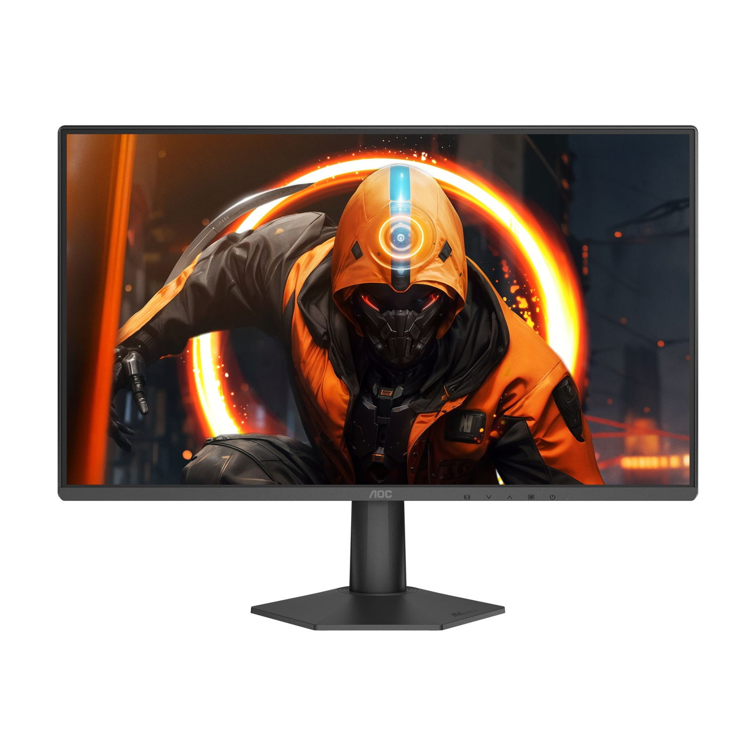 Un monitor mostra una figura in abiti arancioni con una spada e un anello luminoso.