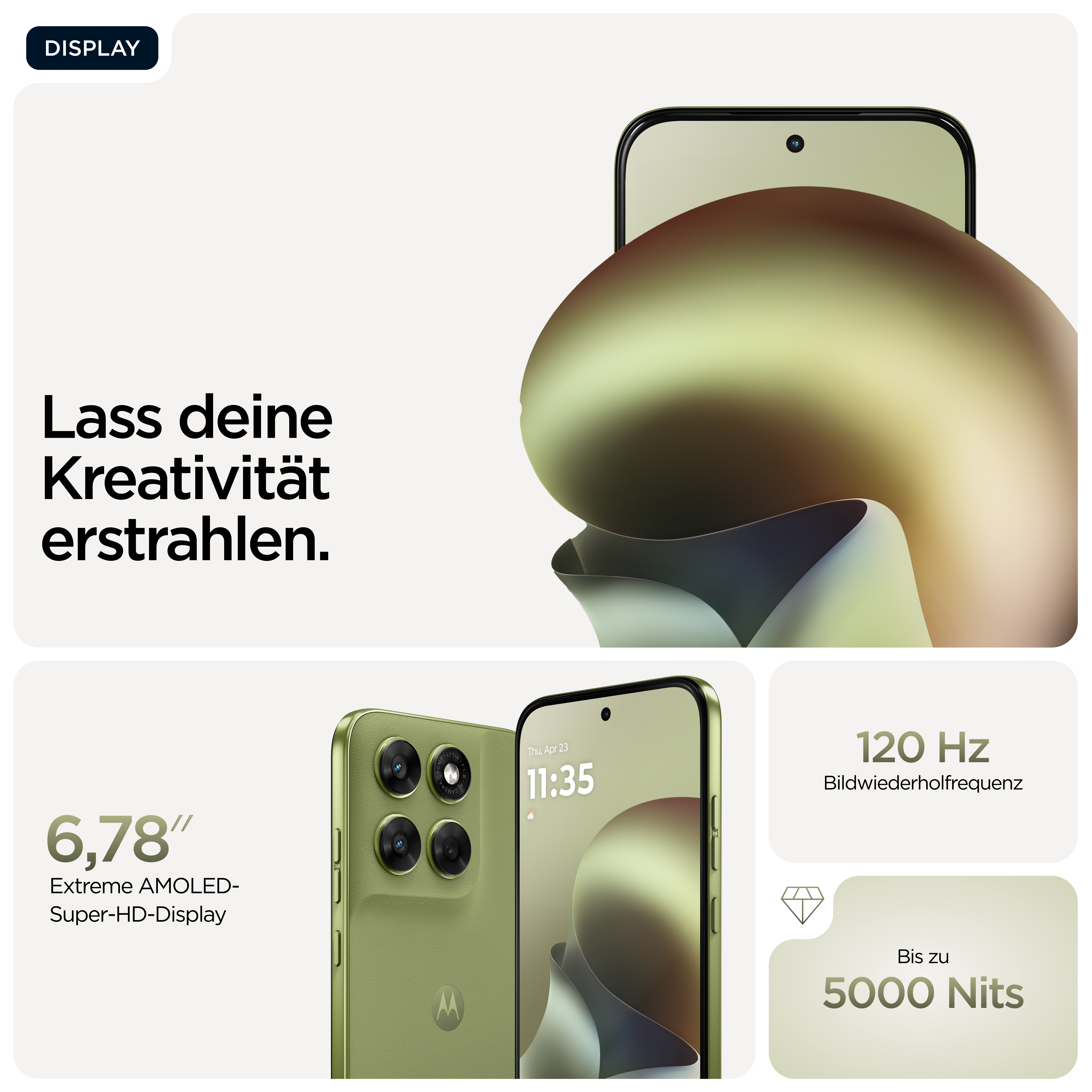 Ein grünes Smartphone mit einer Nahaufnahme der Kameras und des Displays.