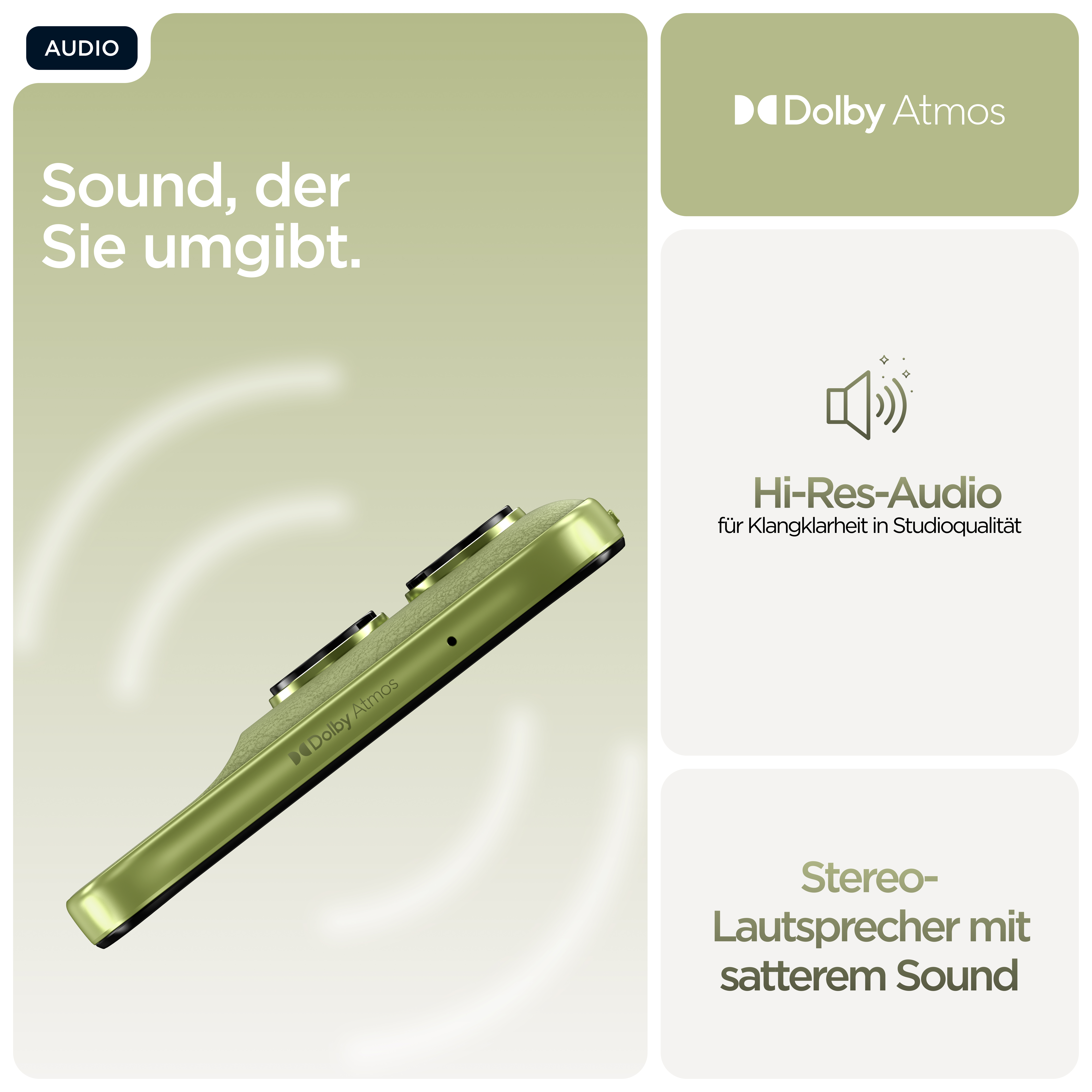 Grünes Smartphone mit Dolby Atmos und Hi-Res Audio.