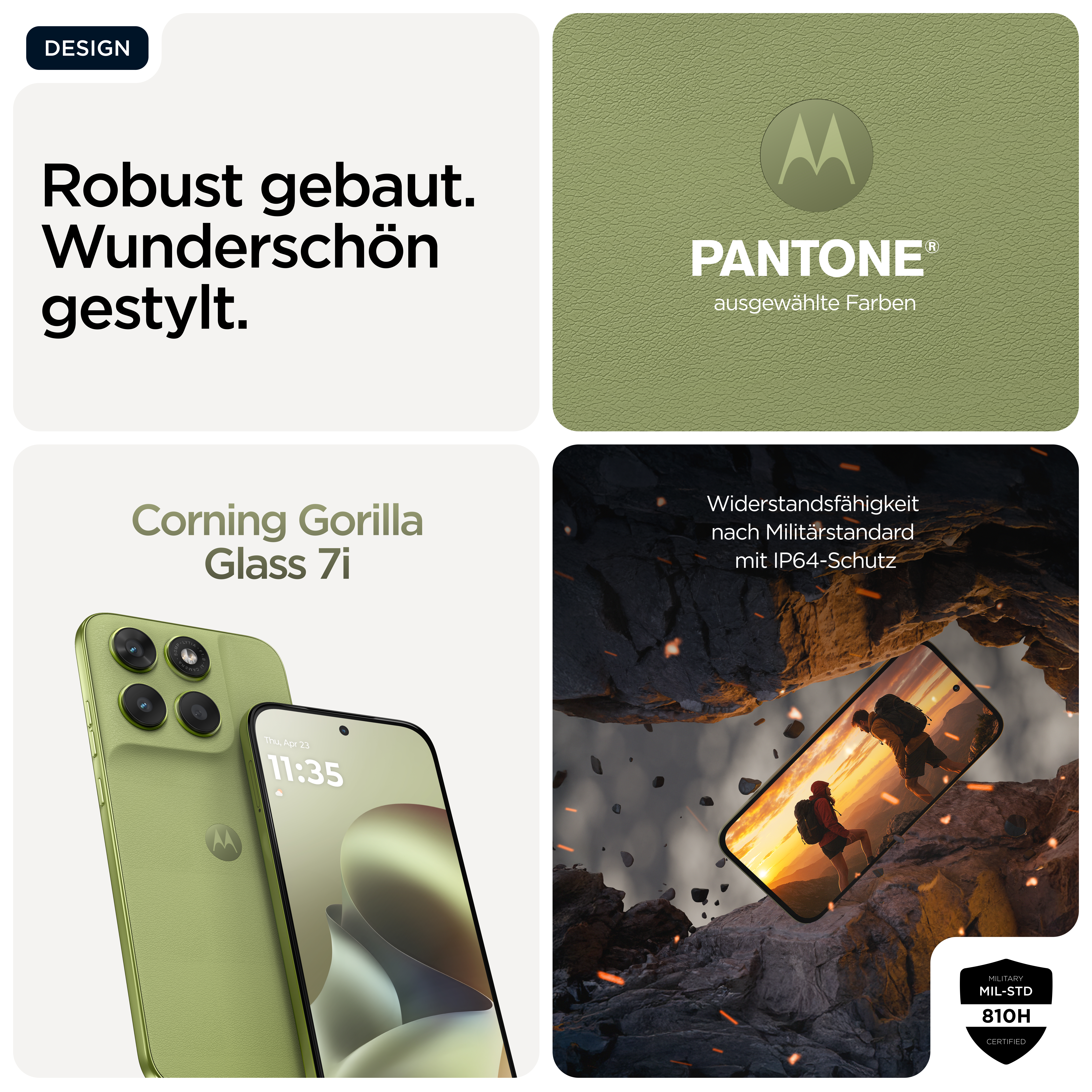 Motorola-Handy mit Gorilla Glass 7i, Pantone-Farben und MIL-STD 810H-Zertifizierung.