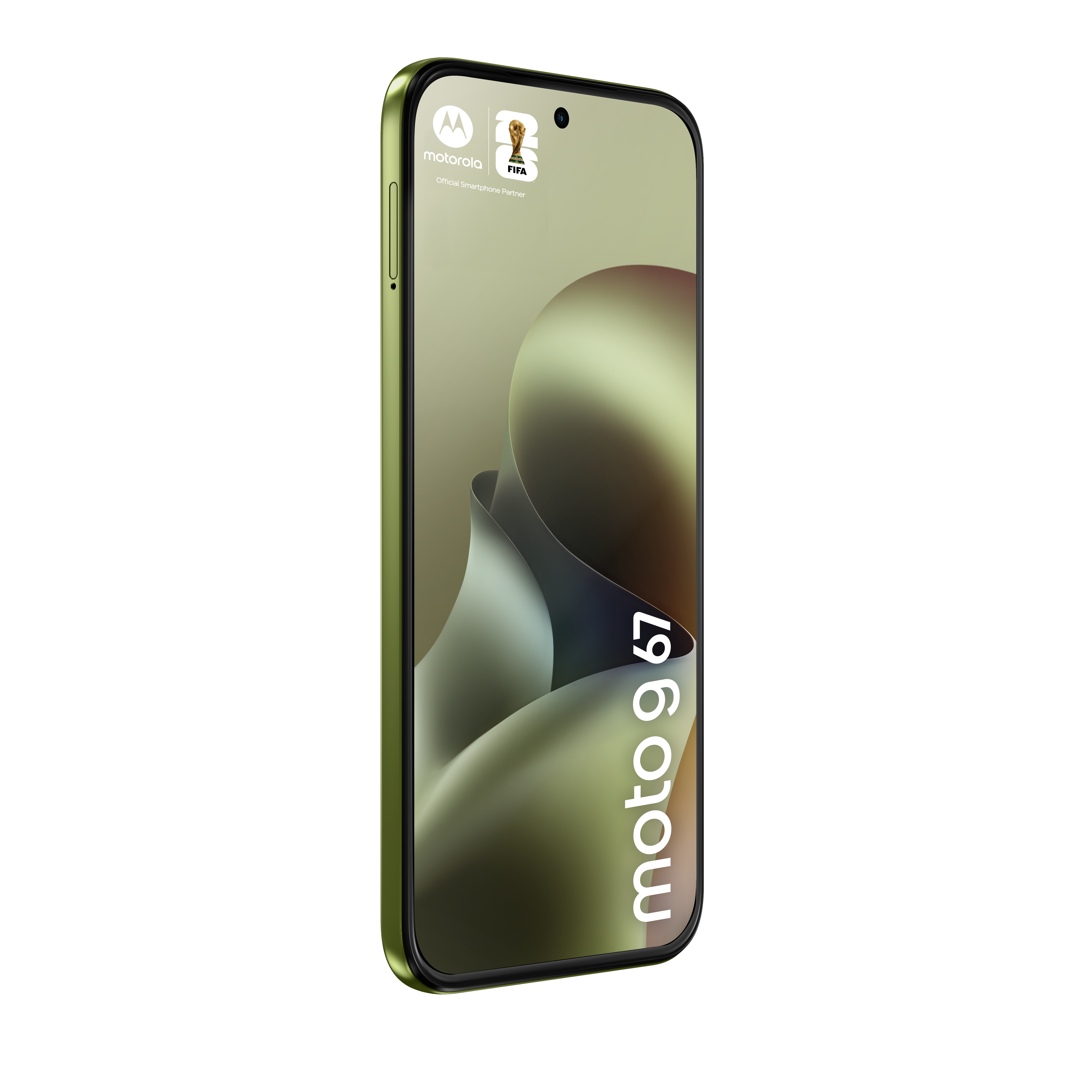 Grünes Motorola Smartphone mit FIFA-Logo und "moto g 67" Schriftzug.