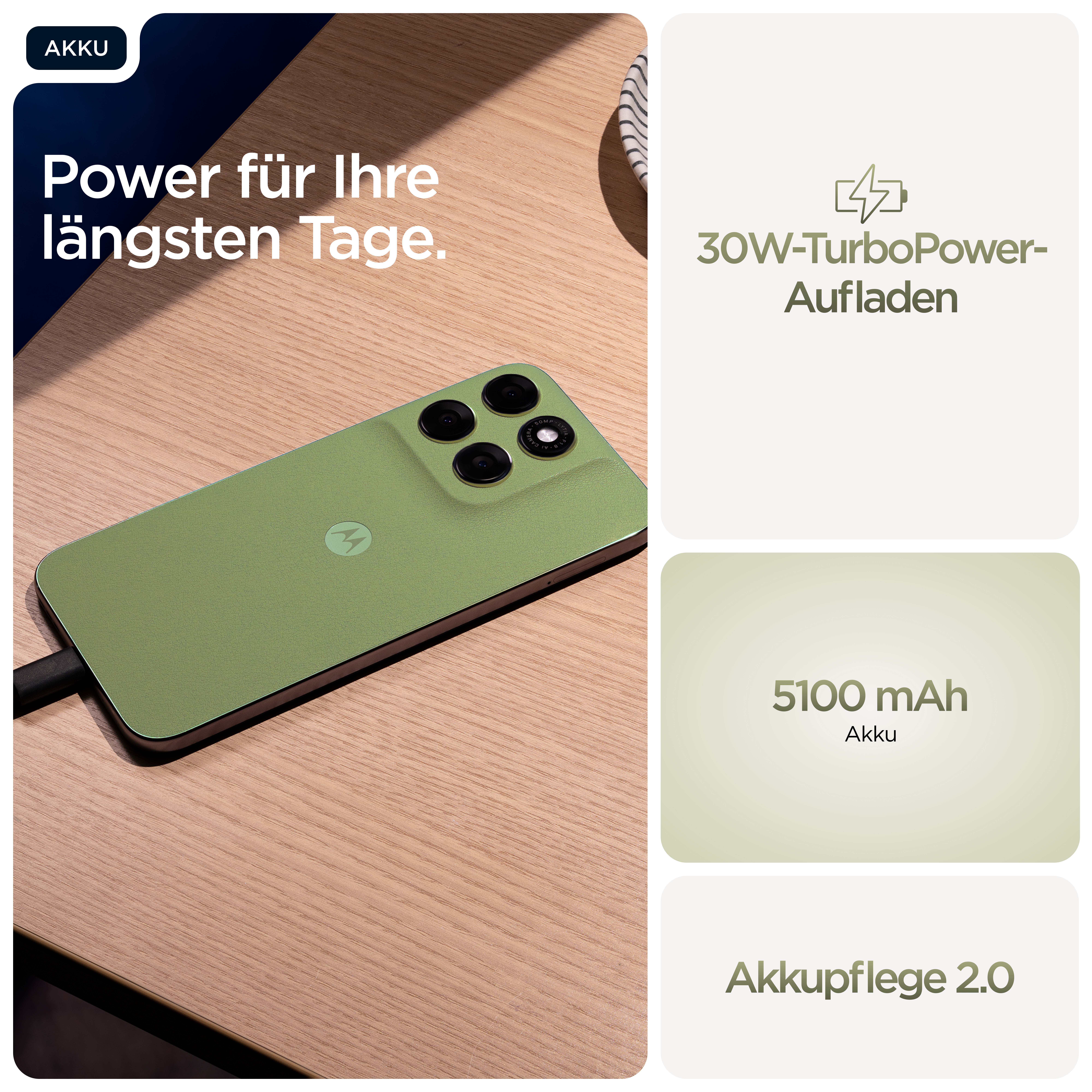 Grünes Smartphone mit 4 Kameras, lädt mit 30W, 5100 mAh Akku.