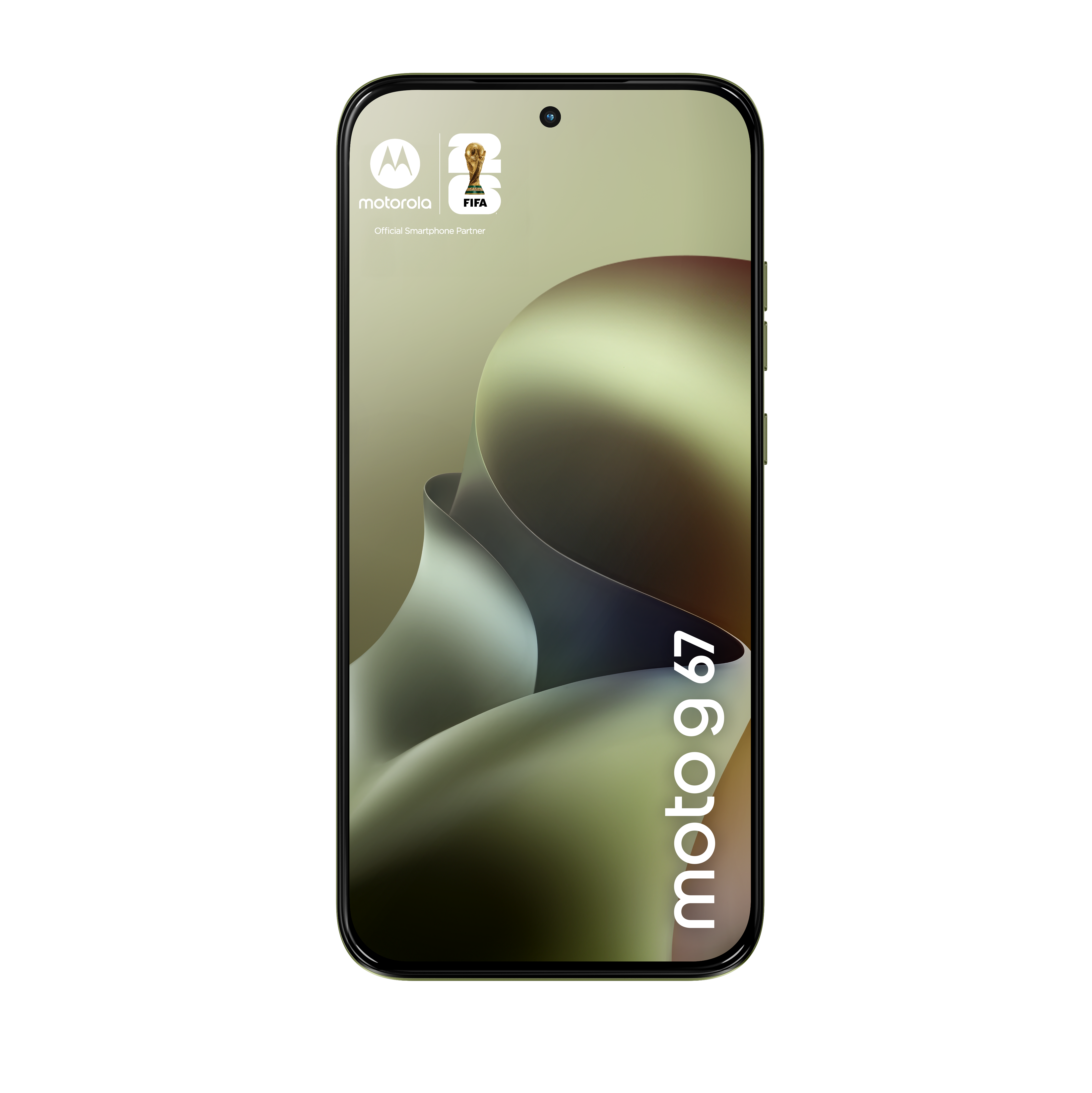 Ein Motorola Smartphone mit dem Schriftzug Moto g 67 und FIFA-Logo.