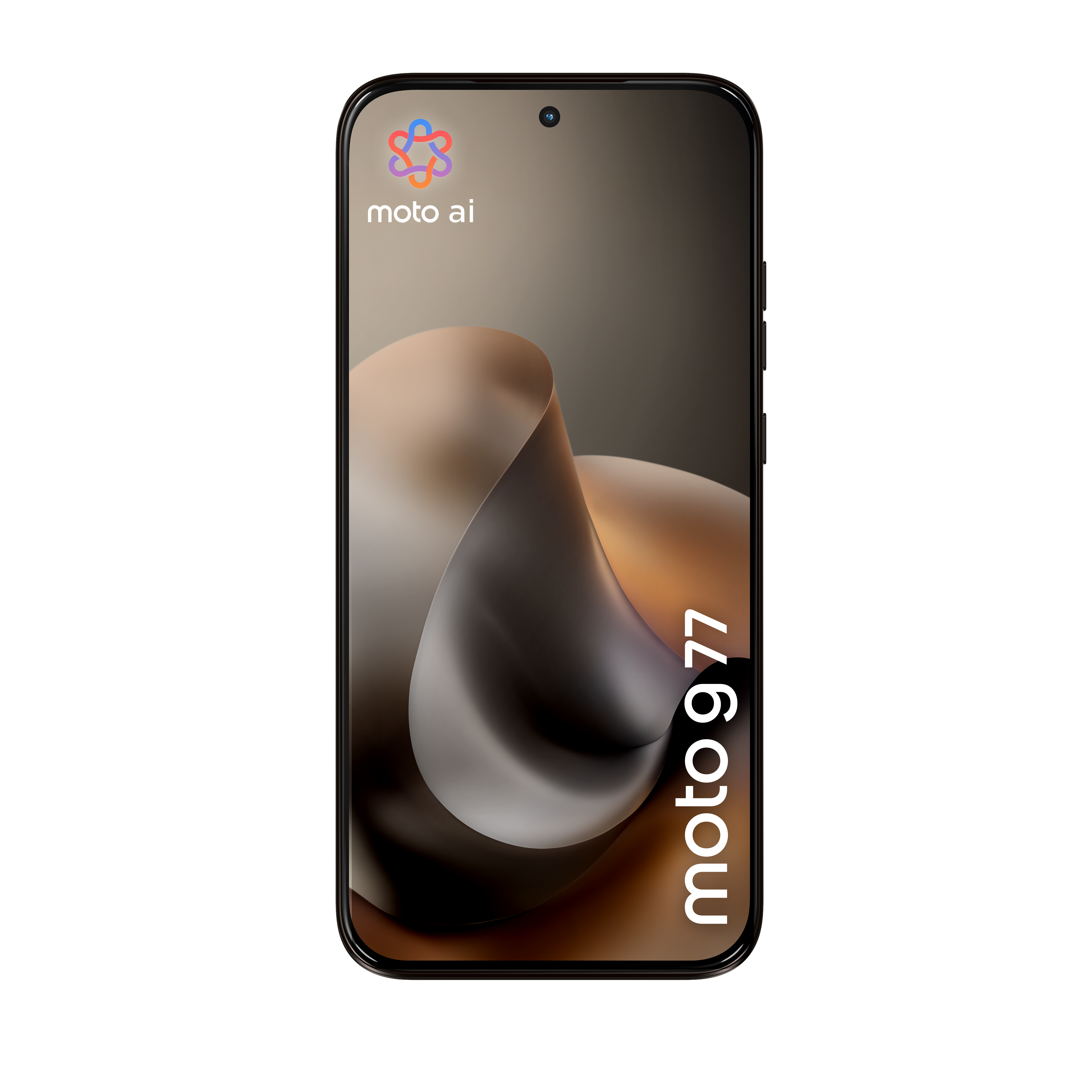 Ein schwarzes Smartphone mit dem Text moto 977 und moto ai auf dem fließenden, braunen Bildschirmhintergrund.