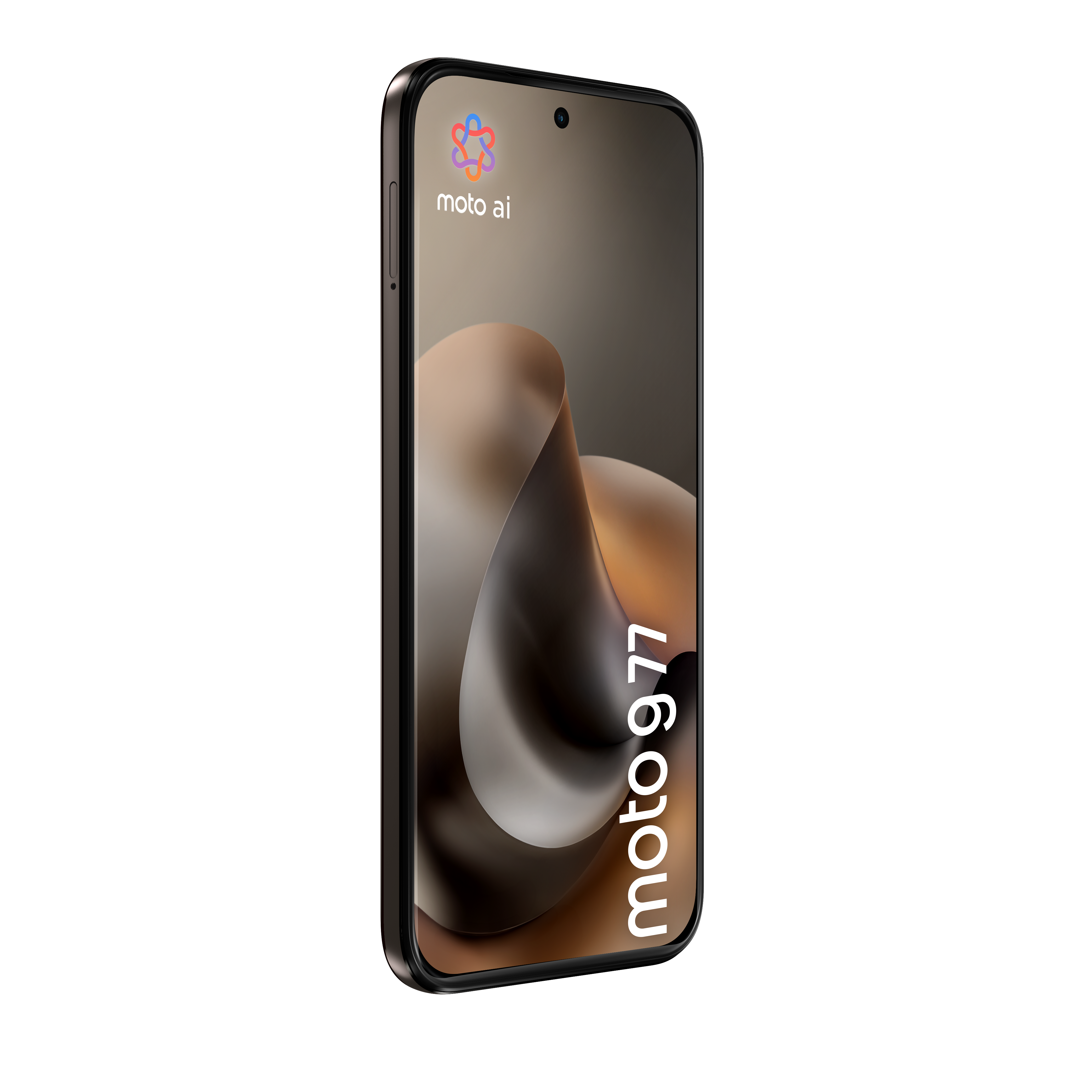 Ein schwarzes Smartphone mit gebogenem Display zeigt ein braunes abstraktes Hintergrundbild, Text und Moto-AI-Logo.
