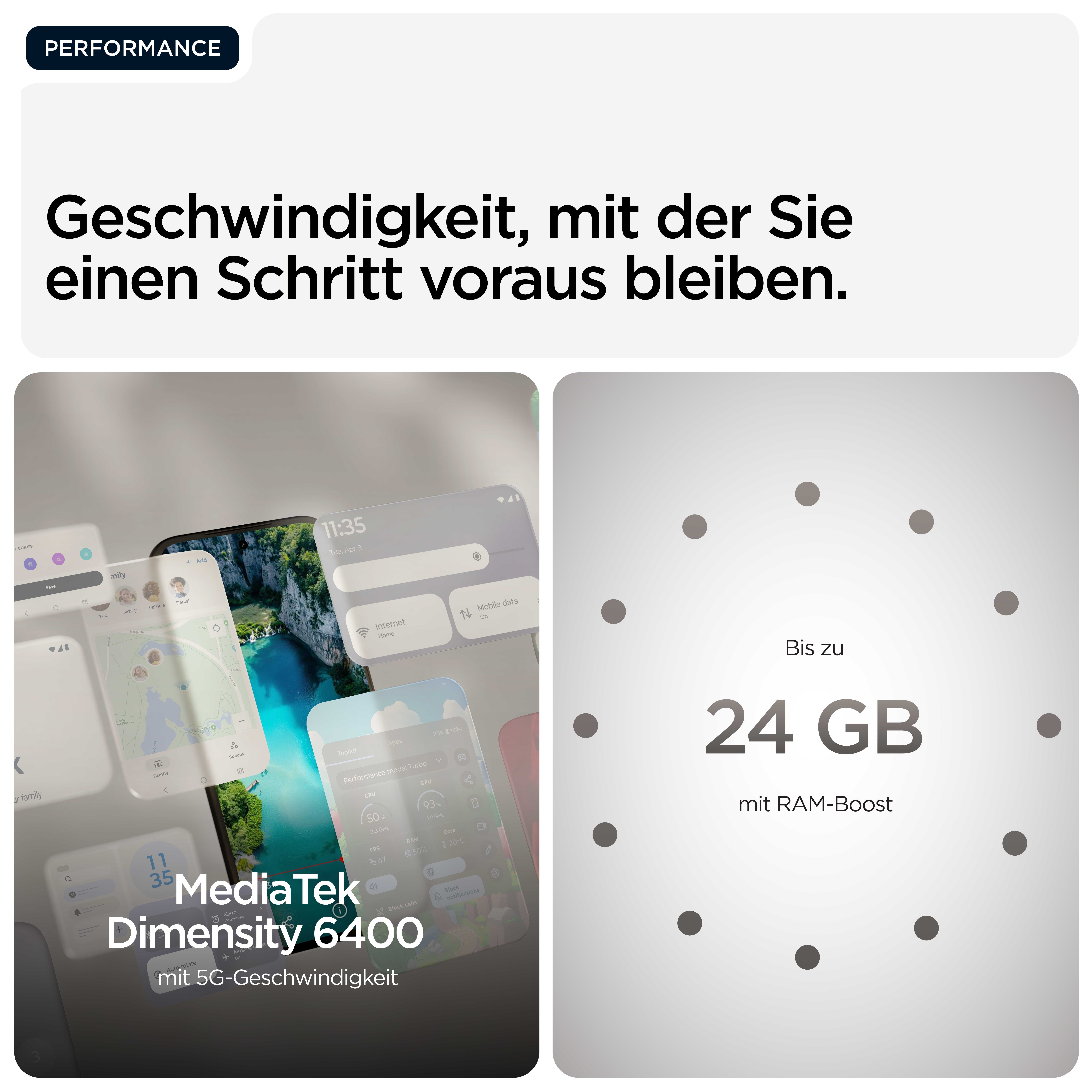 Zwei Bildschirme: Links ein Smartphone mit Karten-App, rechts 24 GB RAM-Boost.