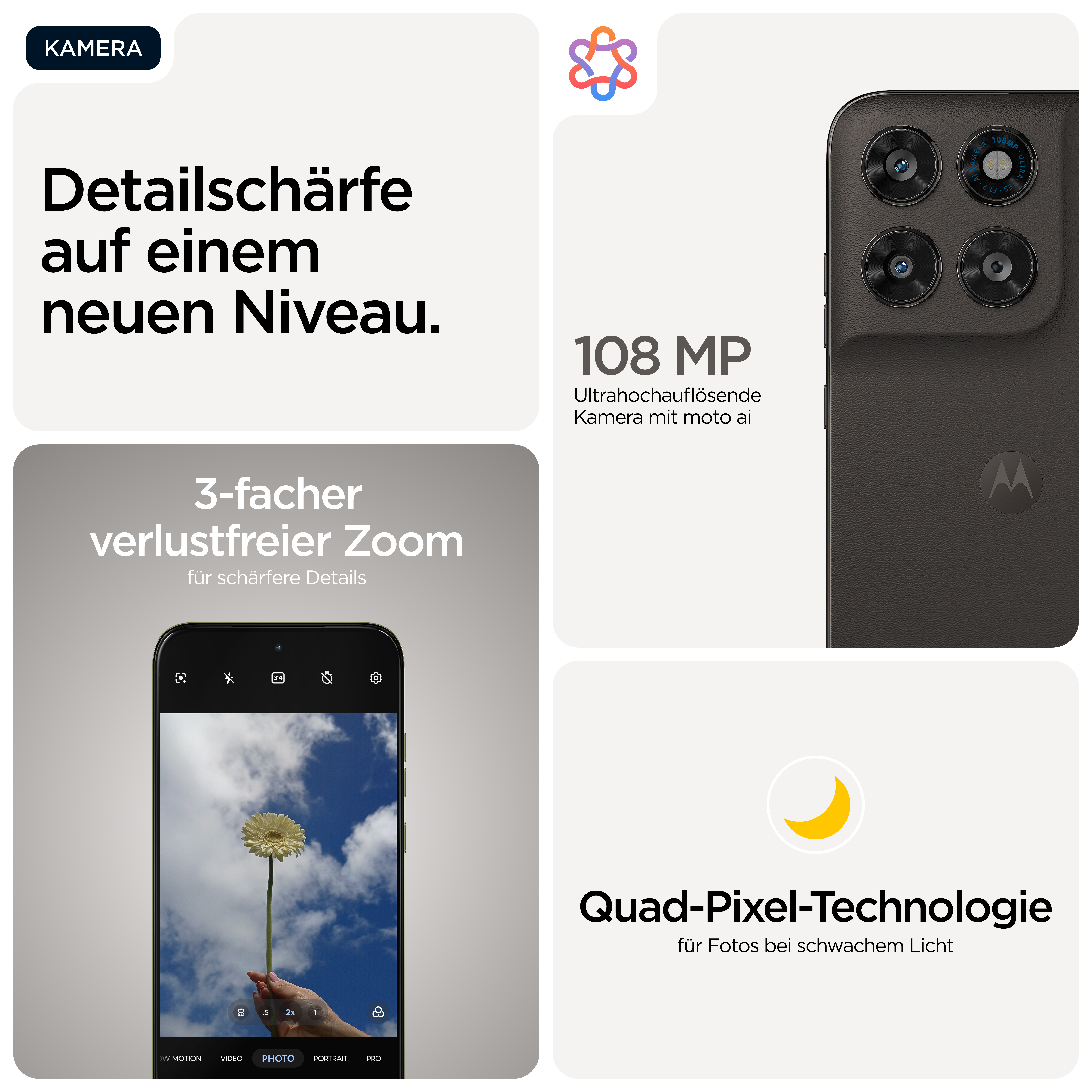 Handy-Kamera mit 108 MP, 3x Zoom und Quad-Pixel-Technologie.