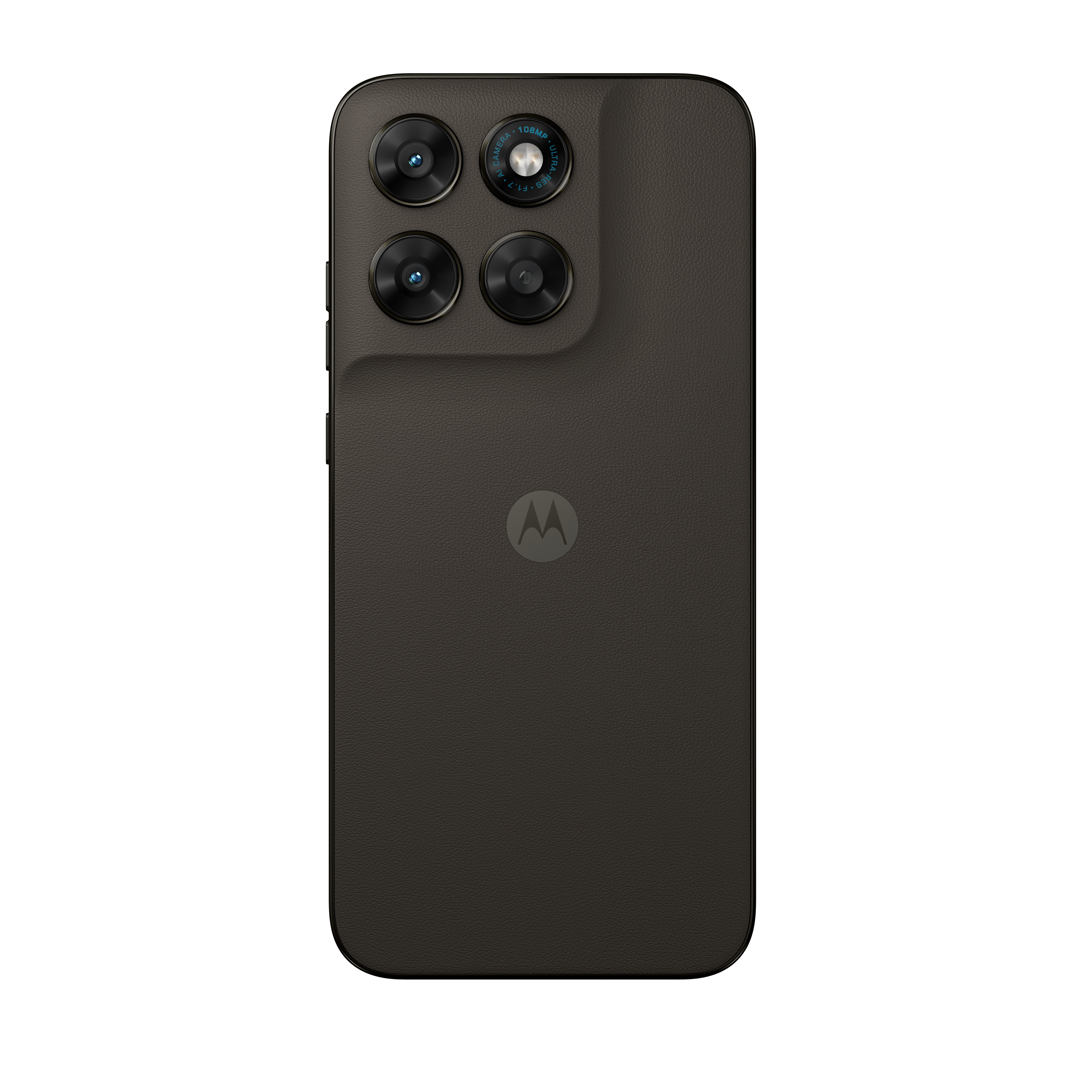 Rückseite eines dunklen Smartphones mit vier Kameras und einem Motorola-Logo.