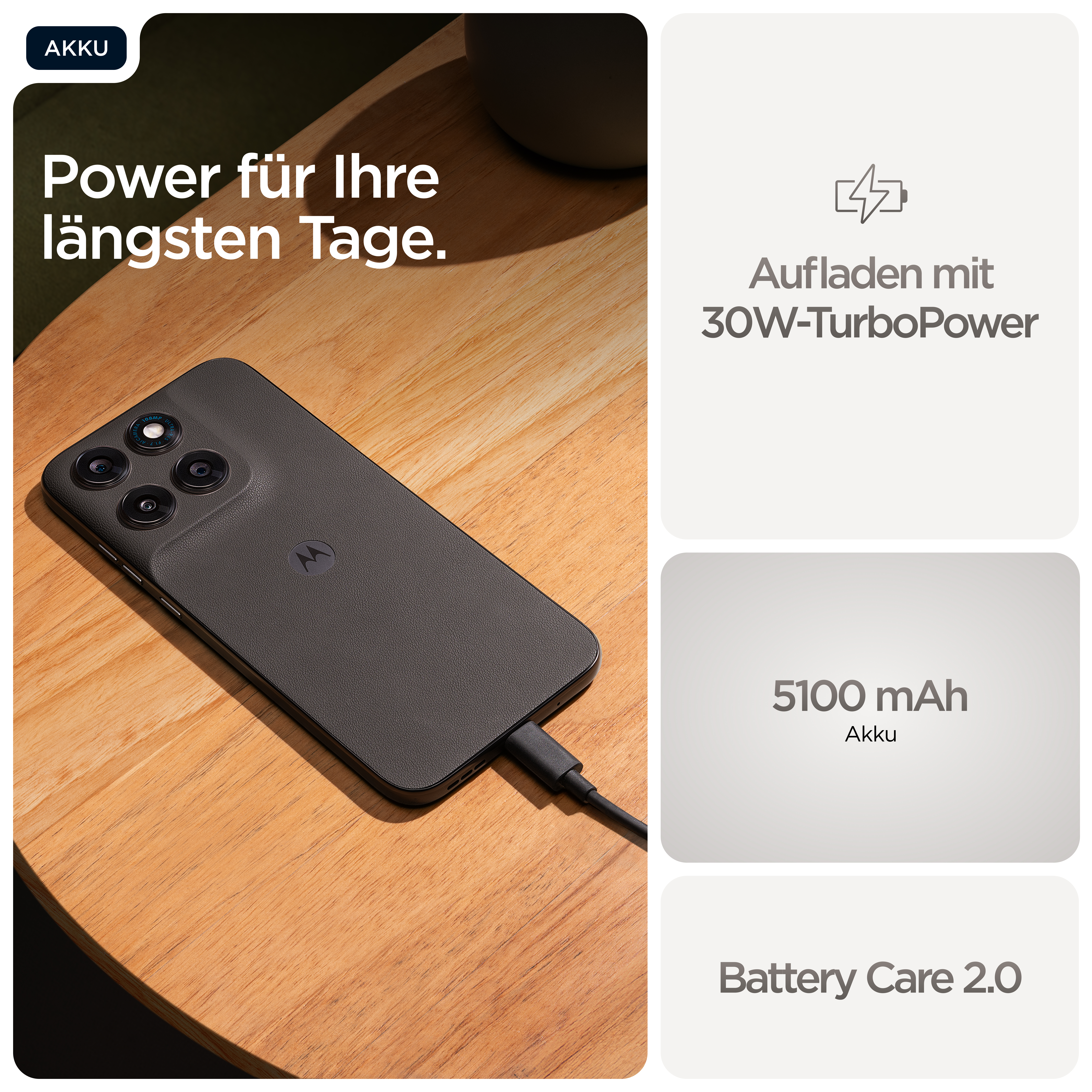 Schwarzes Motorola-Handy lädt auf Holztisch. Text: Power für Ihre längsten Tage.