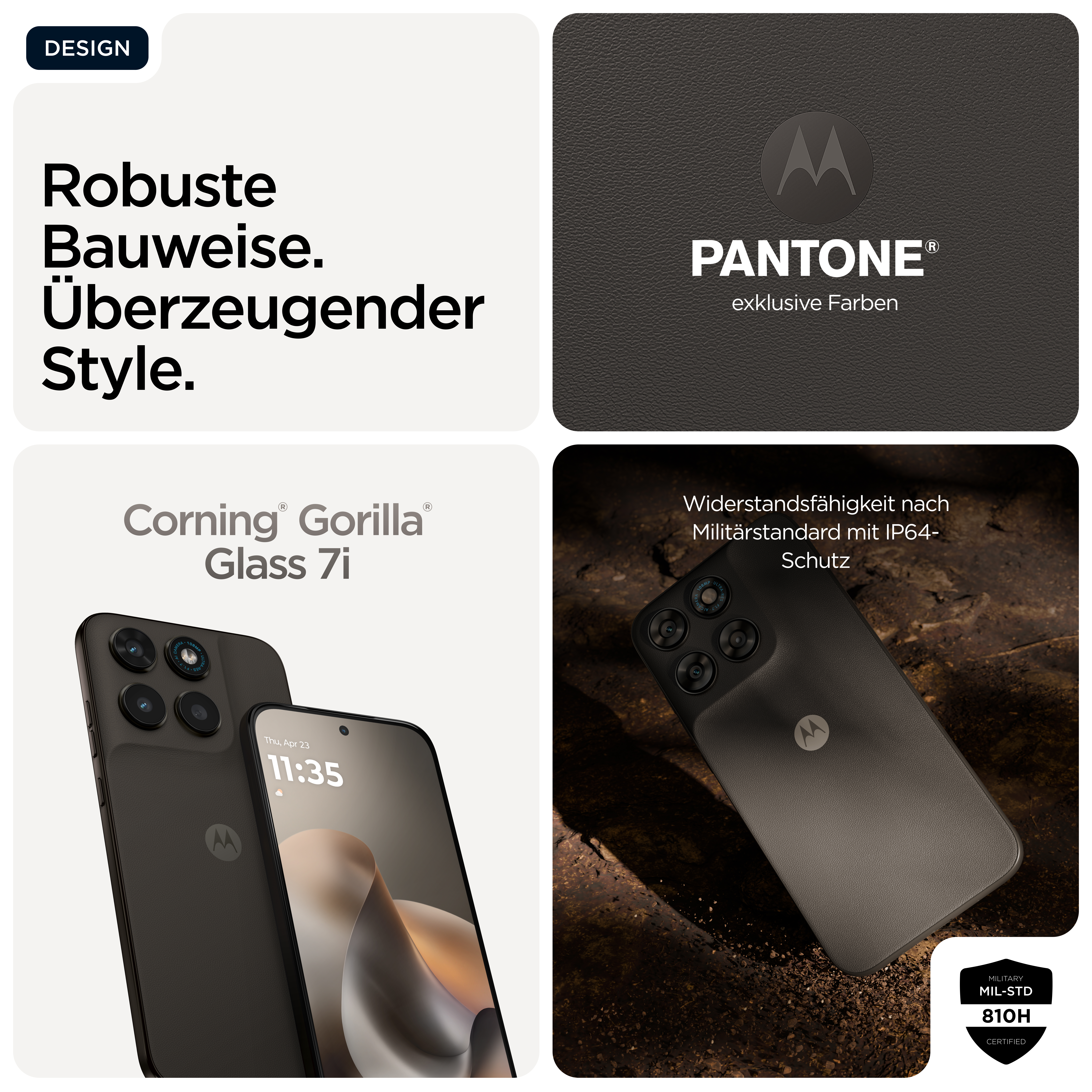 Motorola Handy mit Gorilla Glass, Pantone Farben und IP64-Schutz.