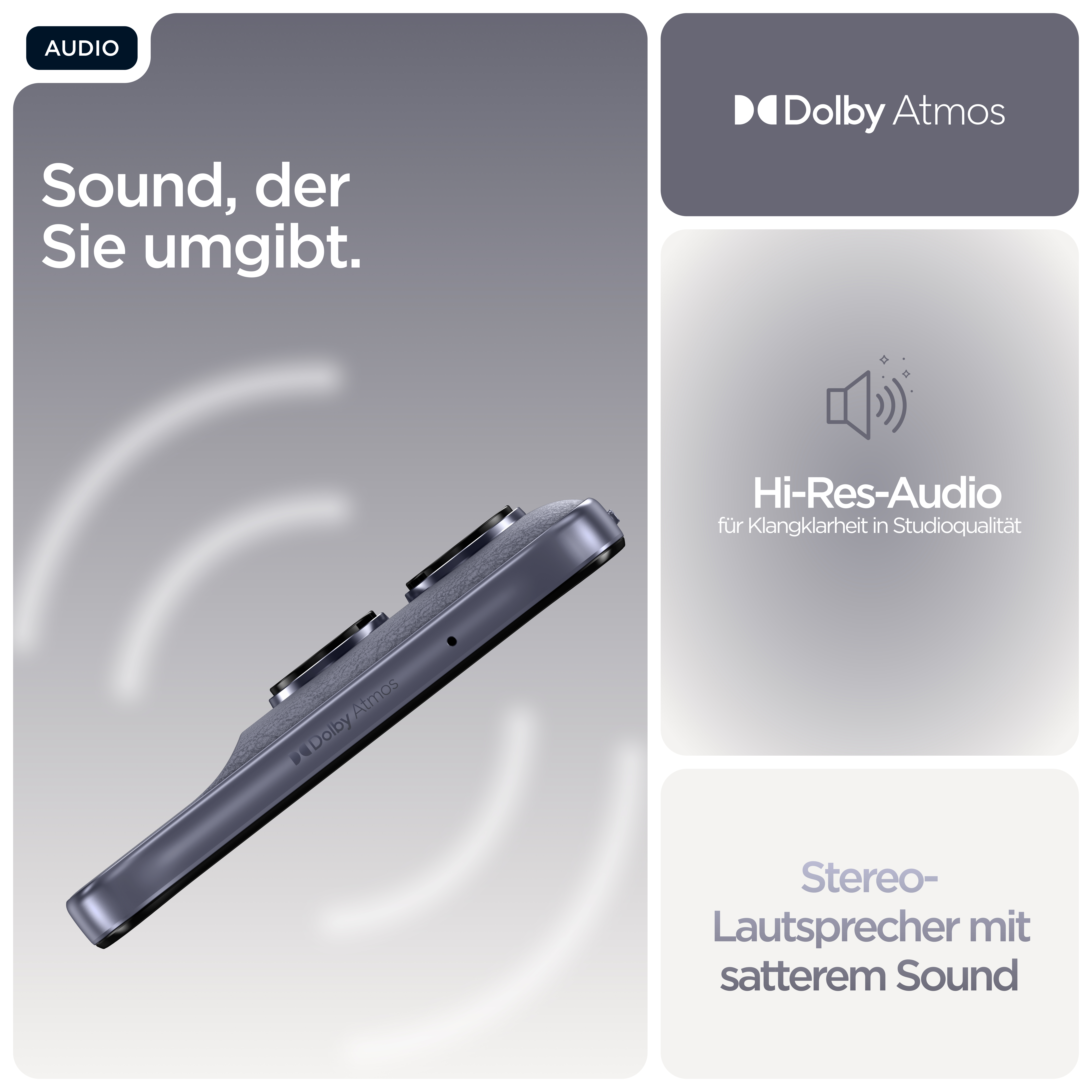 Dunkelgraues Smartphone mit Dolby Atmos und Hi-Res-Audio.