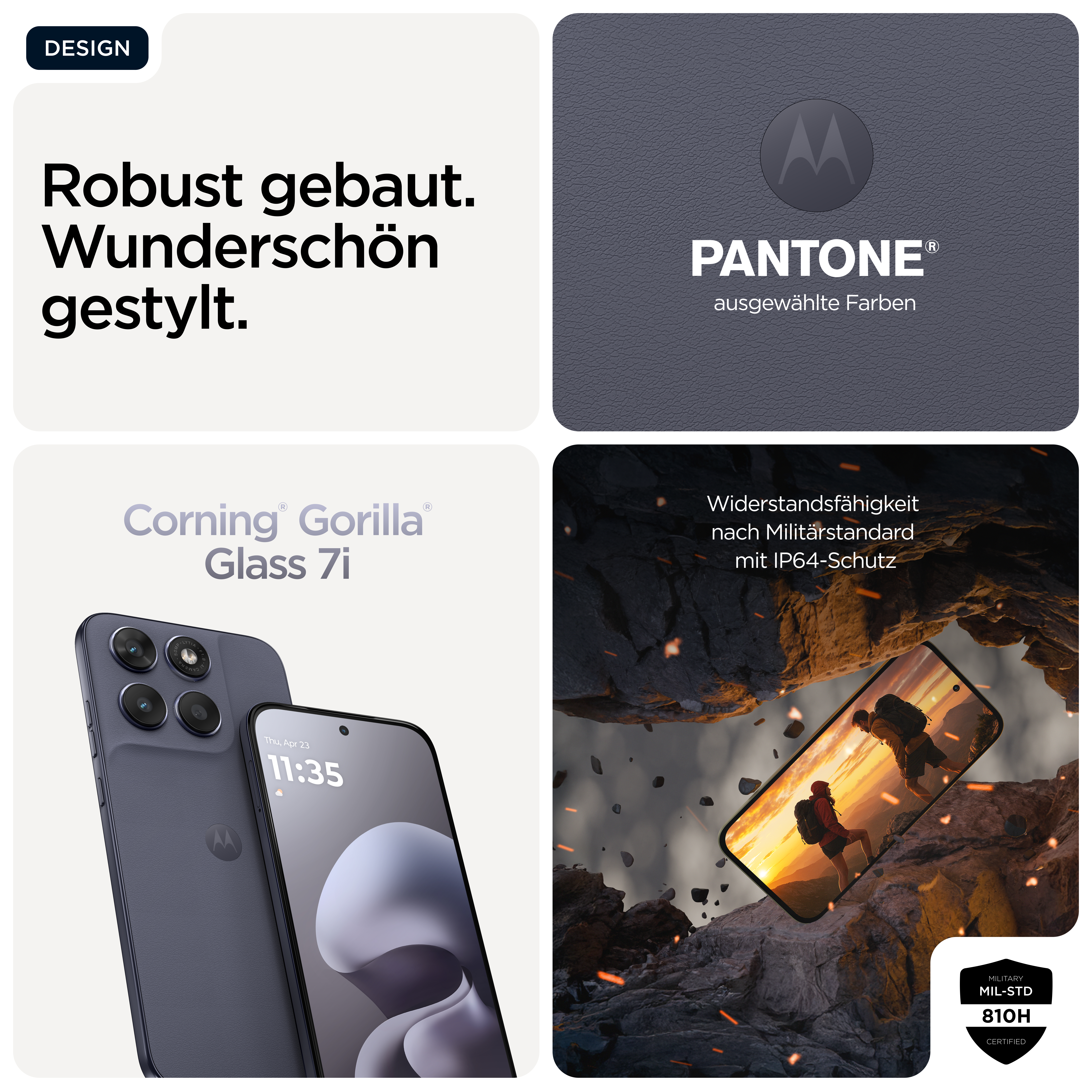 Motorola-Handy mit Gorilla Glass 7i, Pantone-Farben und MIL-STD 810H-Rating.