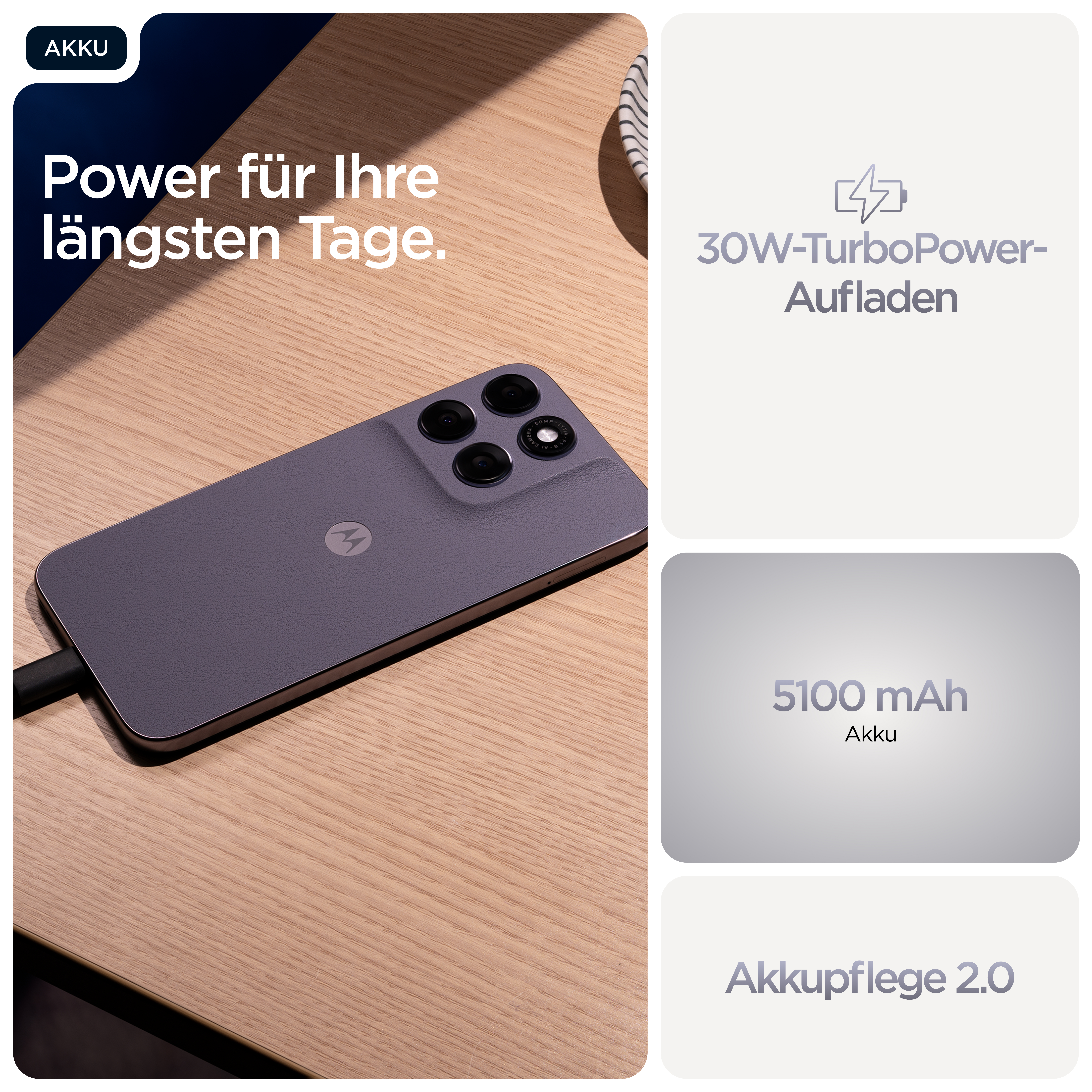 Graues Smartphone mit Ladeanschluss liegt auf Holz. Infos zu 30W Laden, 5100mAh Akku.