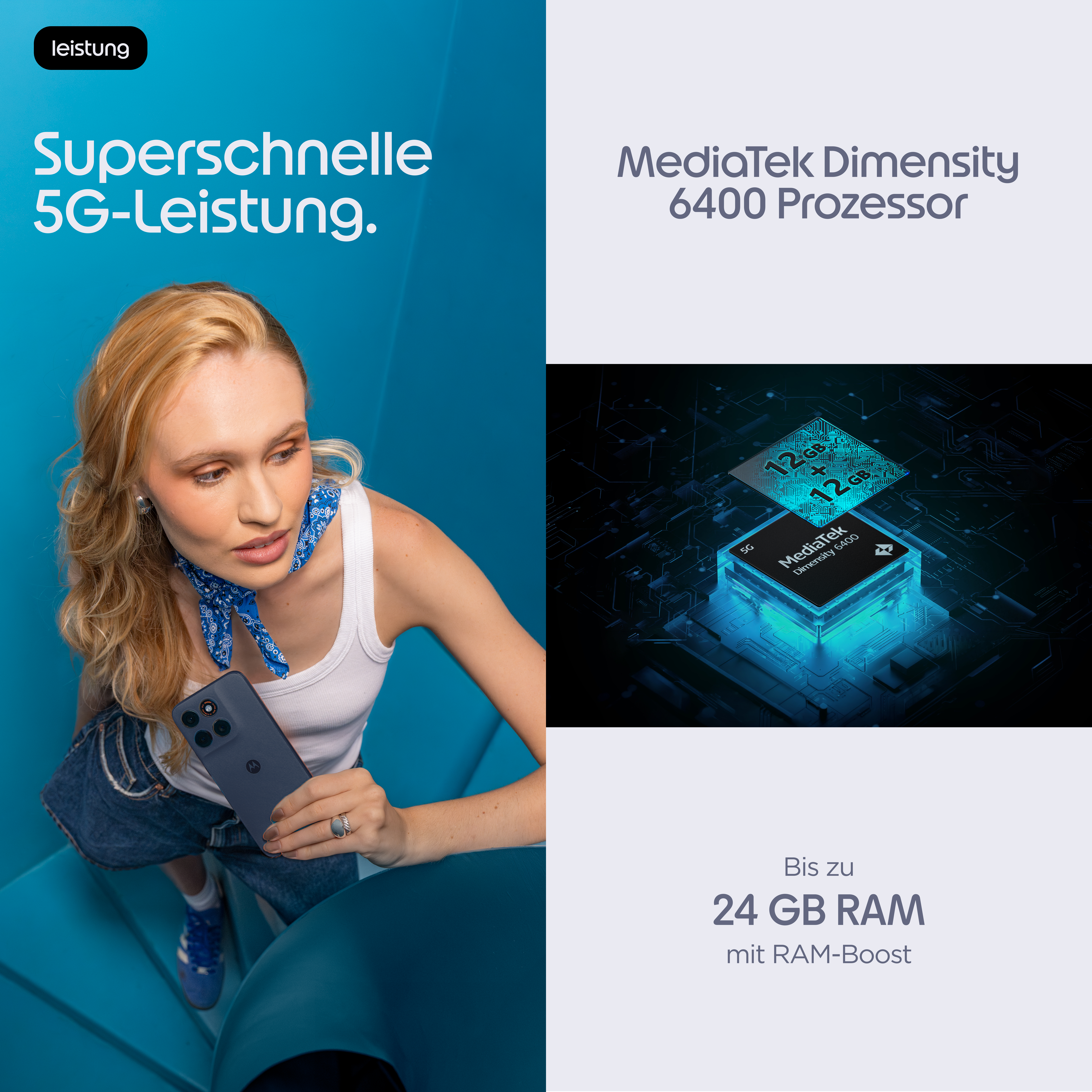 Frau mit Smartphone, MediaTek Chip & 24GB RAM Werbung.