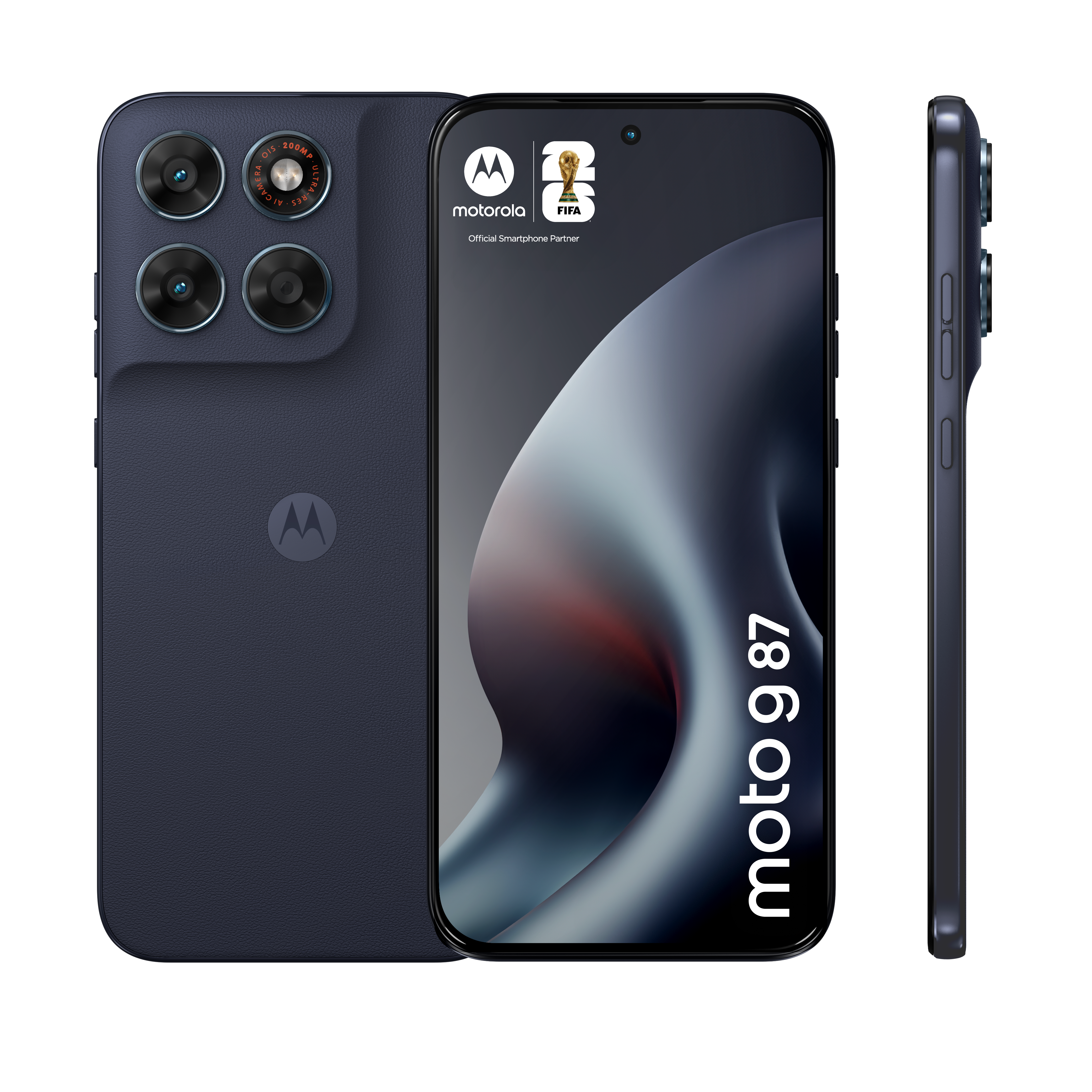 Drei Motorola moto g 87 Smartphones in verschiedenen Ansichten, Rückseite, Vorderseite und Seite.
