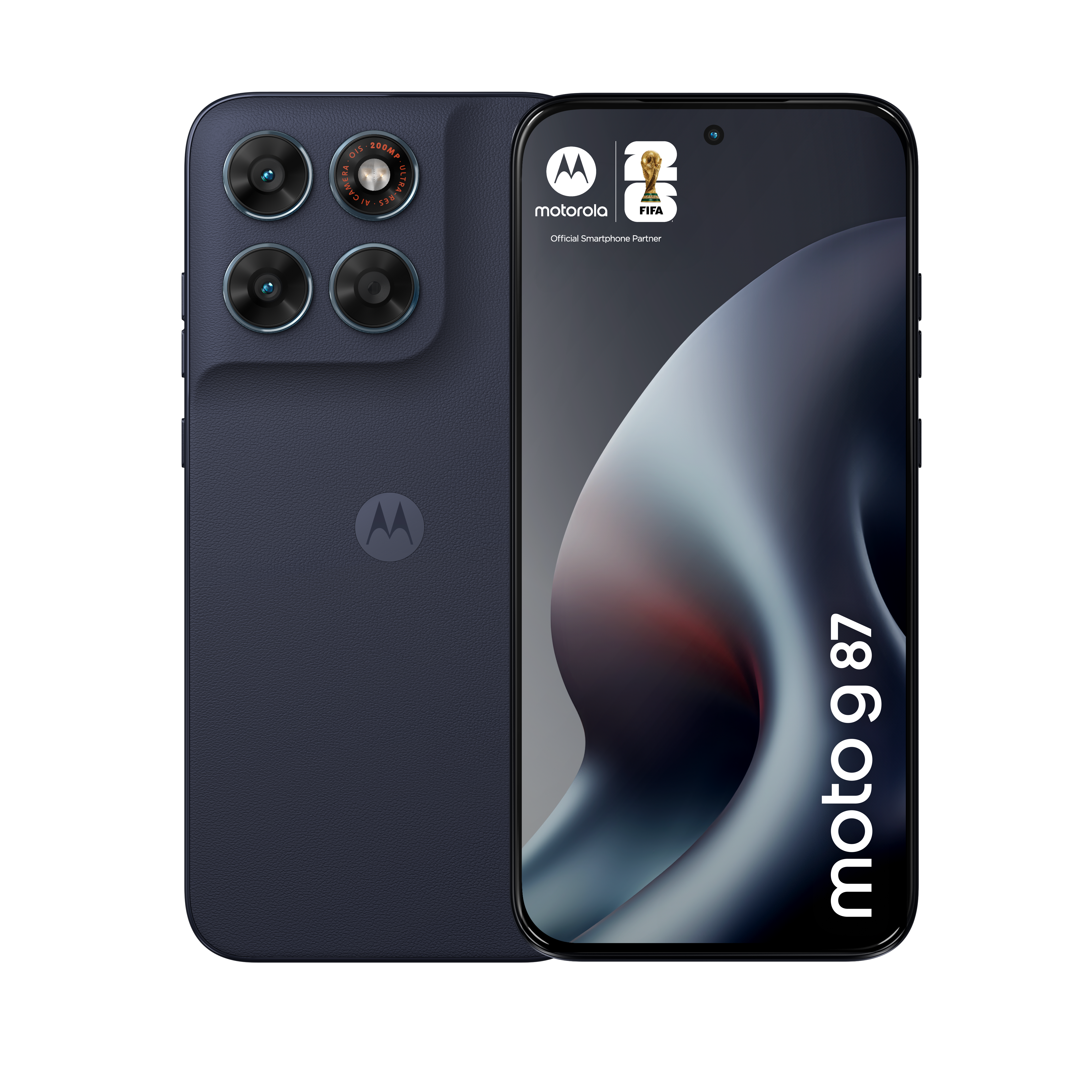 Dunkelblaues Motorola Moto 9 87 mit vier Kameras und FIFA-Logo.
