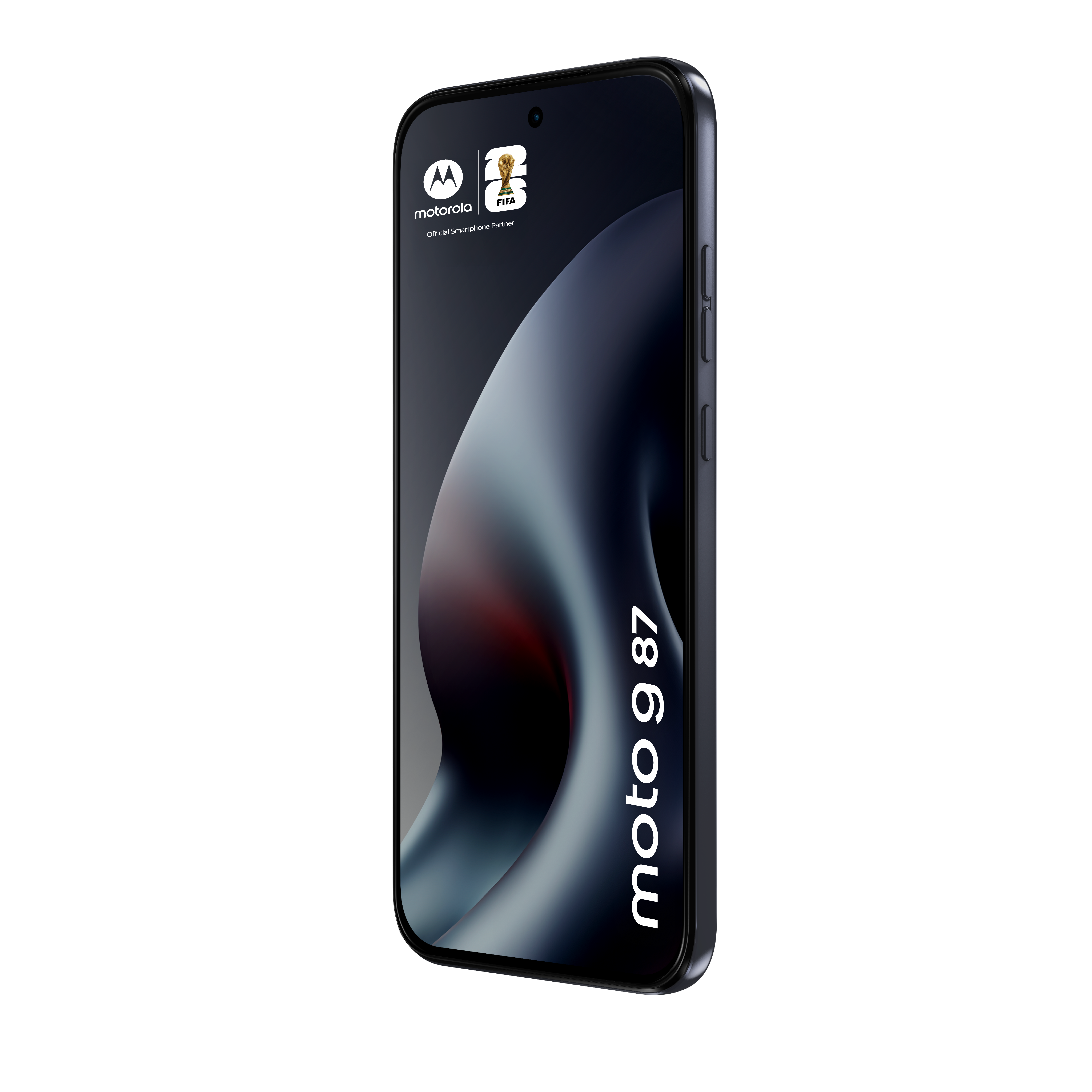 Ein schwarzes Motorola Moto G 87 Smartphone mit FIFA-Logo und Wellenmuster.
