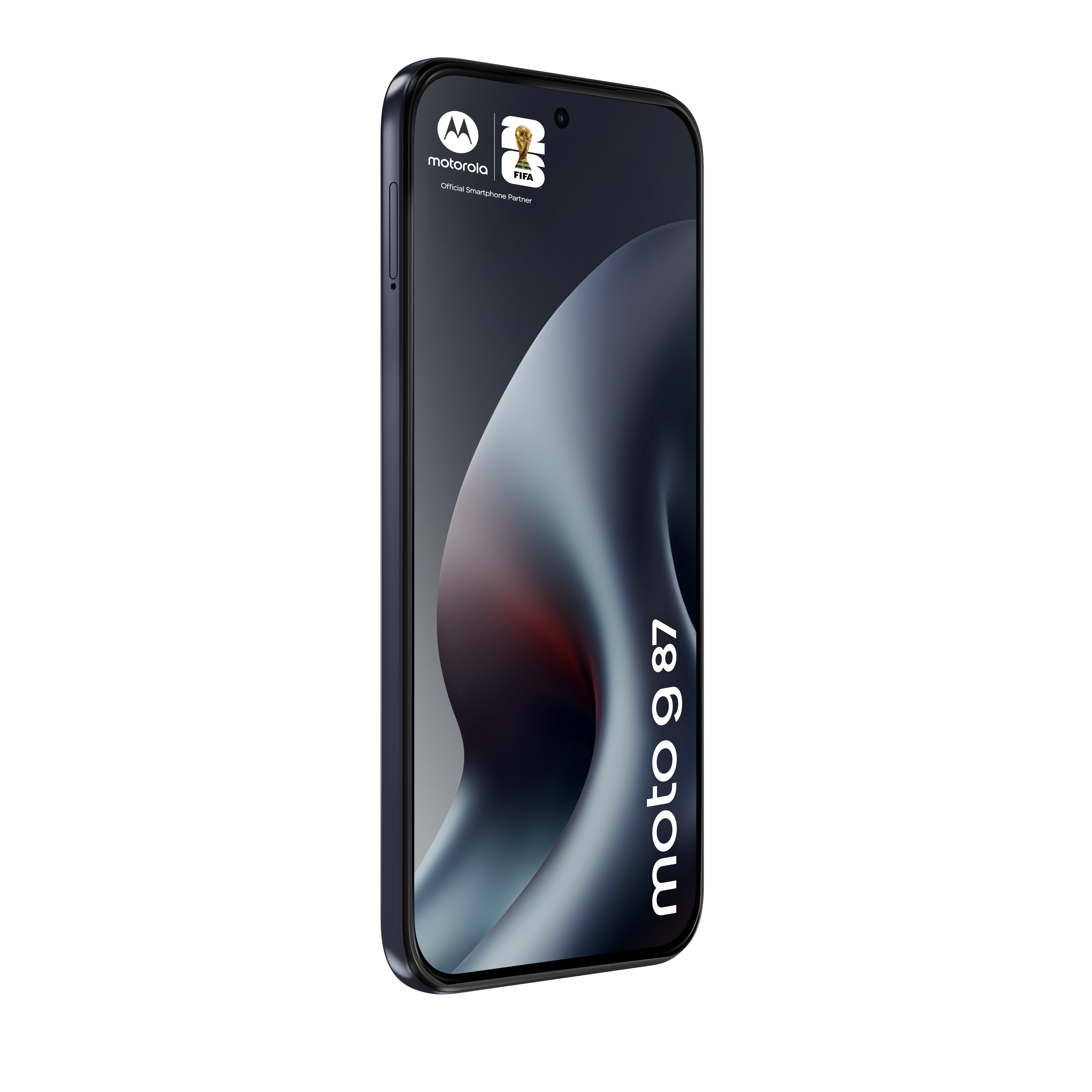 Motorola moto g 87 Smartphone mit FIFA-Logo und geschwungenem dunklem Hintergrund.