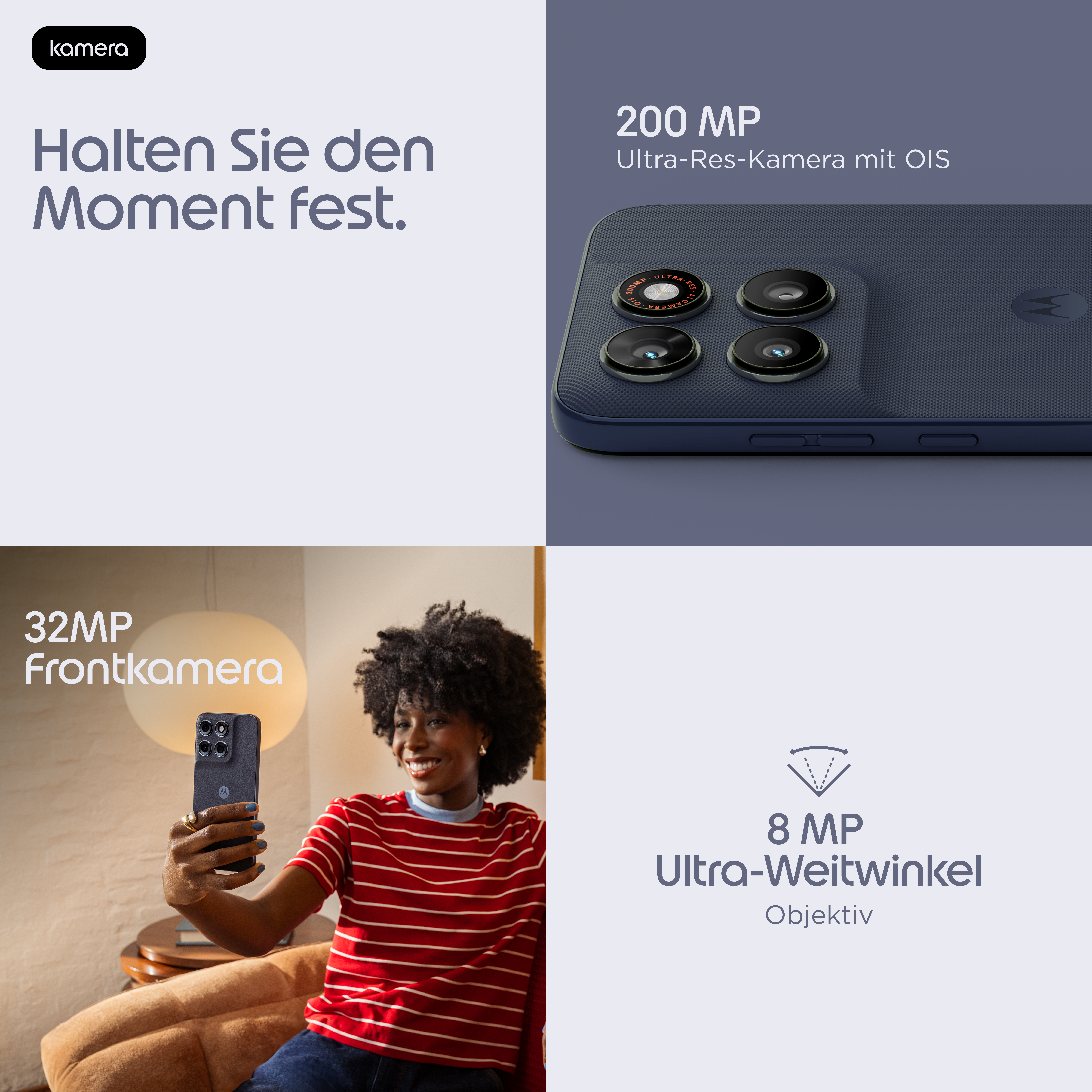 Smartphone-Kamera-Anzeige mit Handy-Rückseite, Frau mit Handy und Kamera-Details.