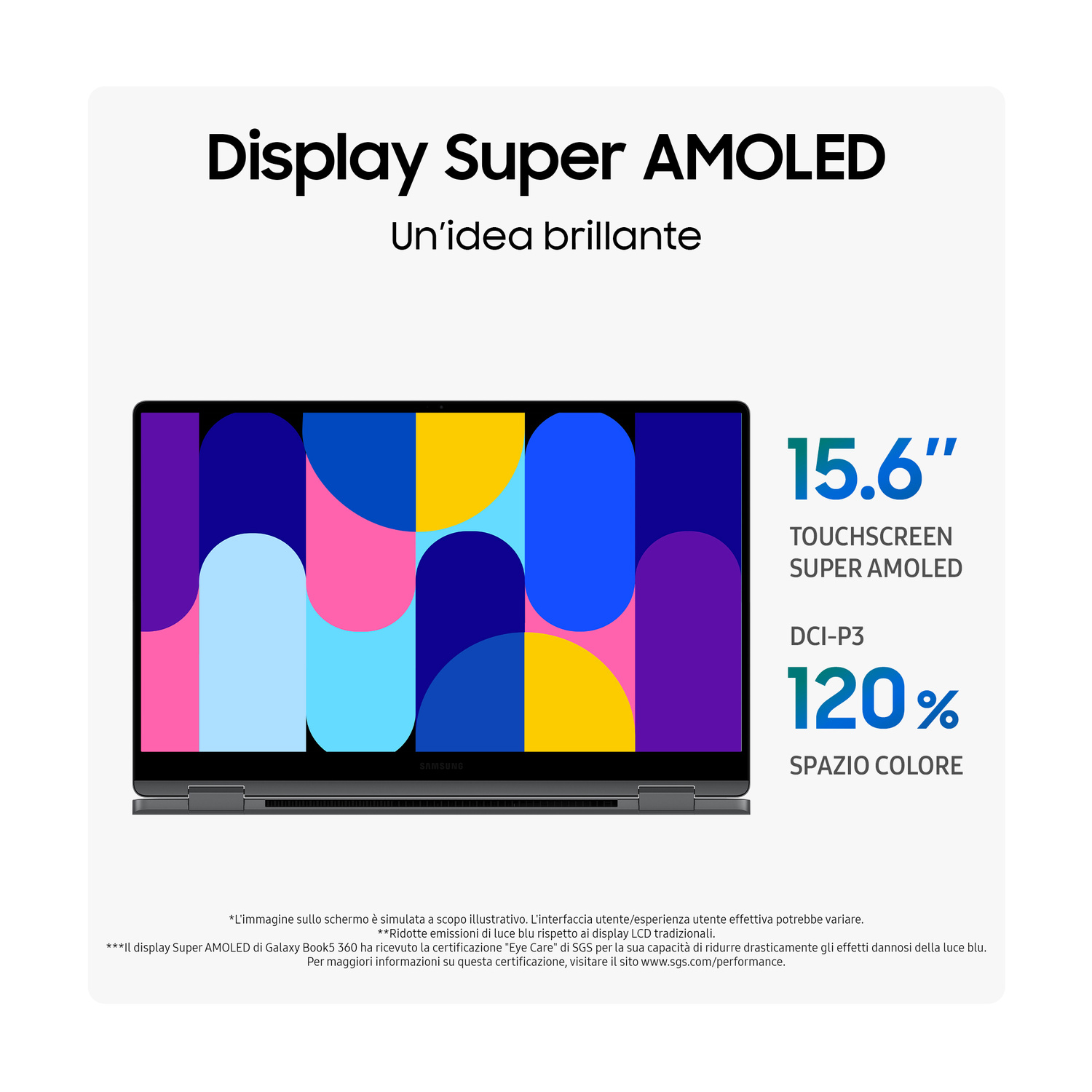 Un laptop Samsung con touchscreen Super AMOLED da 15,6" e copertura 120% DCI-P3.