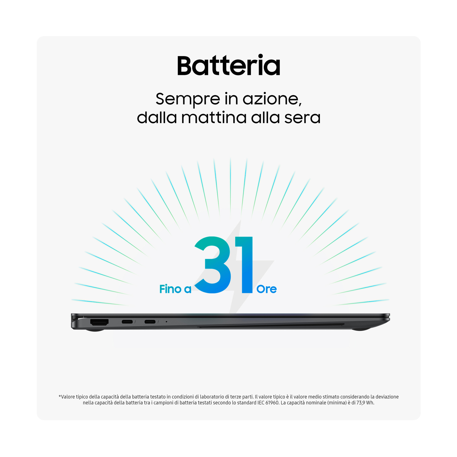Un laptop con 31 ore di autonomia, evidenziato da linee blu e verdi.
