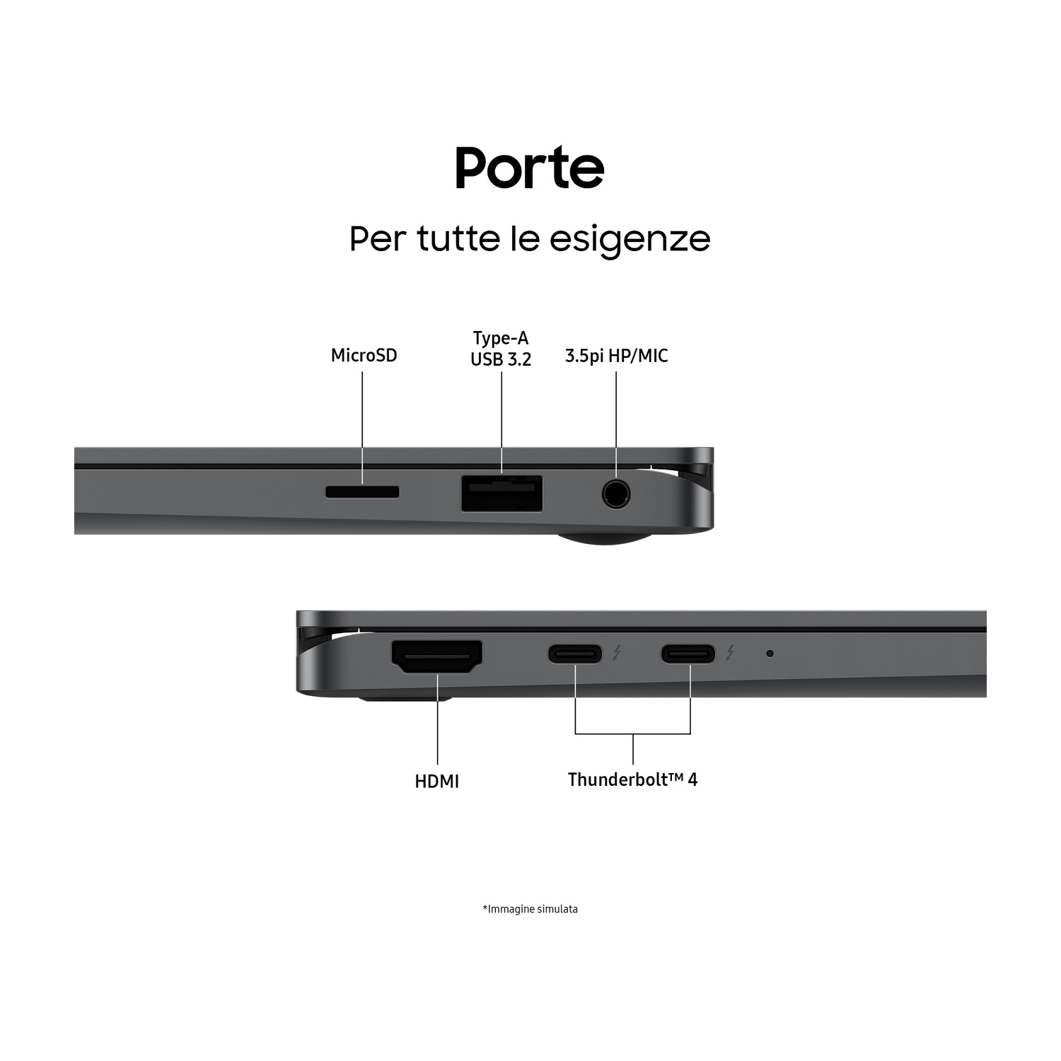 Porte del laptop: MicroSD, USB-A, jack cuffie, HDMI e due porte Thunderbolt 4.