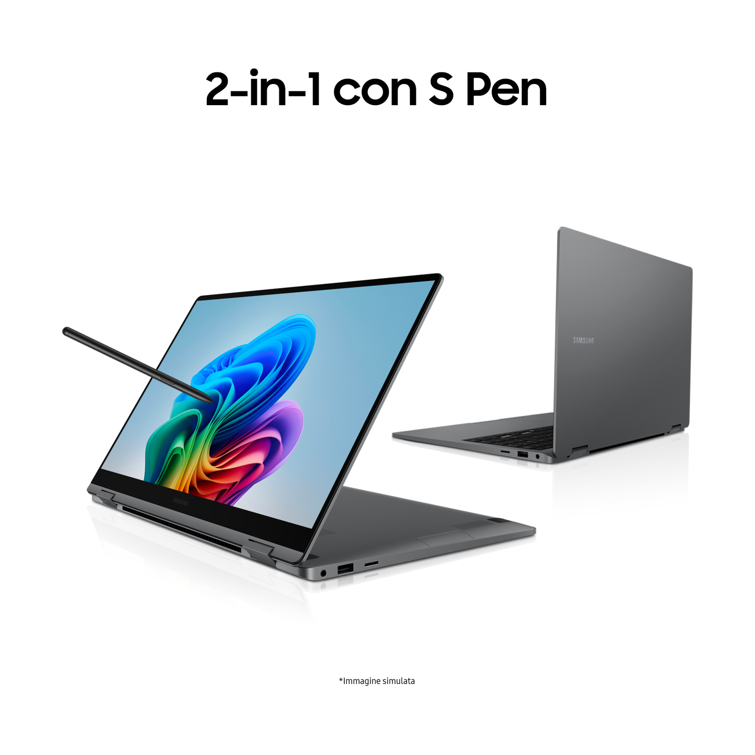 Un laptop 2-in-1 Samsung grigio con S Pen che disegna sullo schermo.