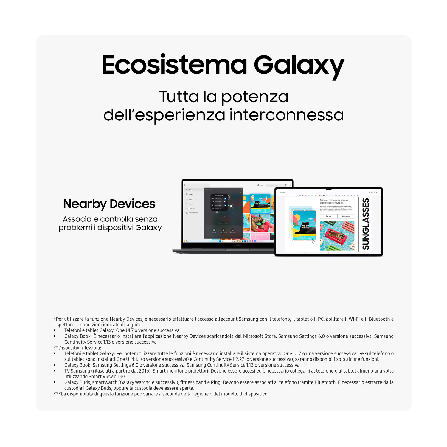 L'immagine mostra laptop e tablet che presentano l'ecosistema Samsung Galaxy.