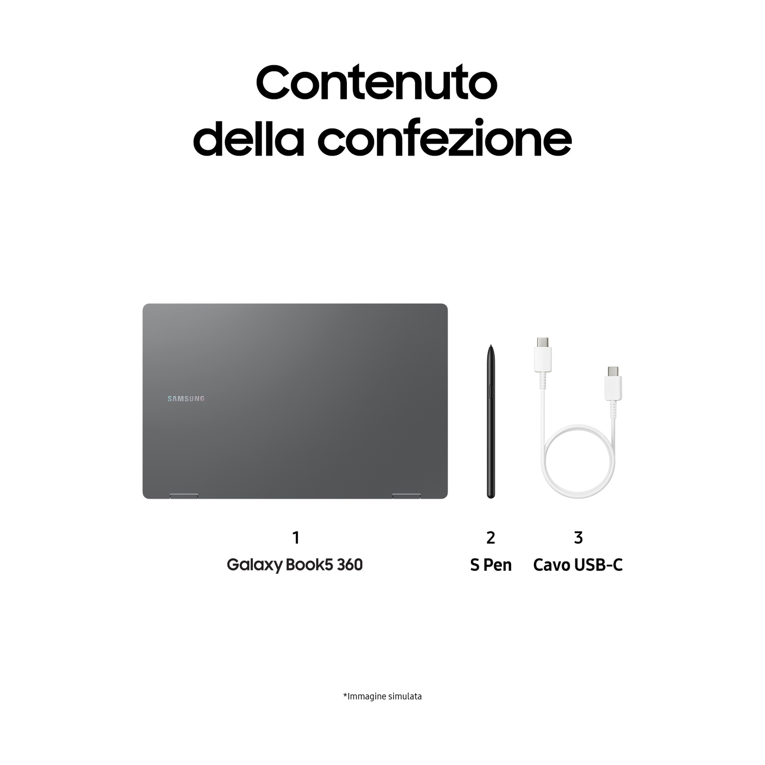 Samsung Galaxy Book5 360 grigio, S Pen e cavo USB-C.