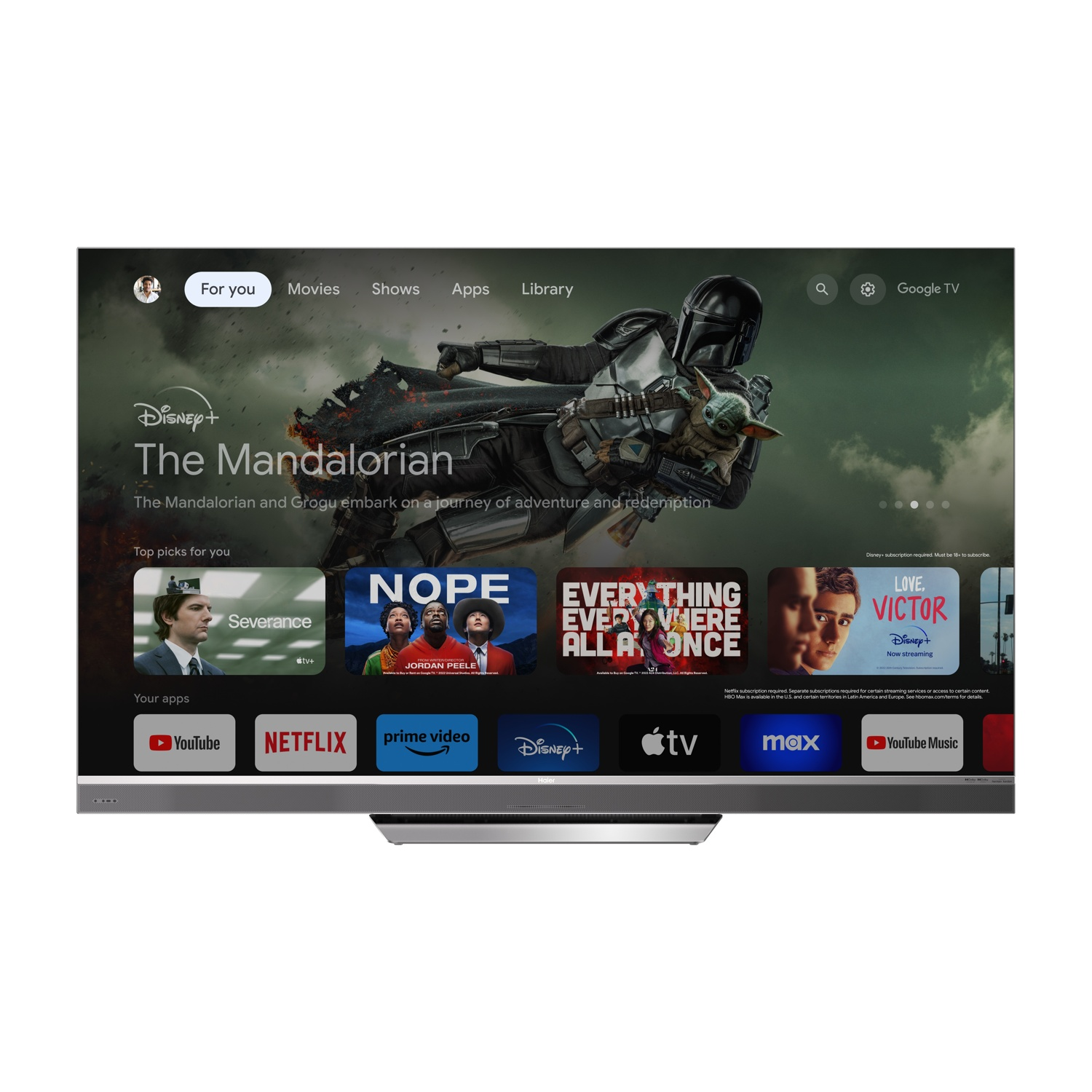 Uno schermo TV mostra l'interfaccia di Google TV con "The Mandalorian".