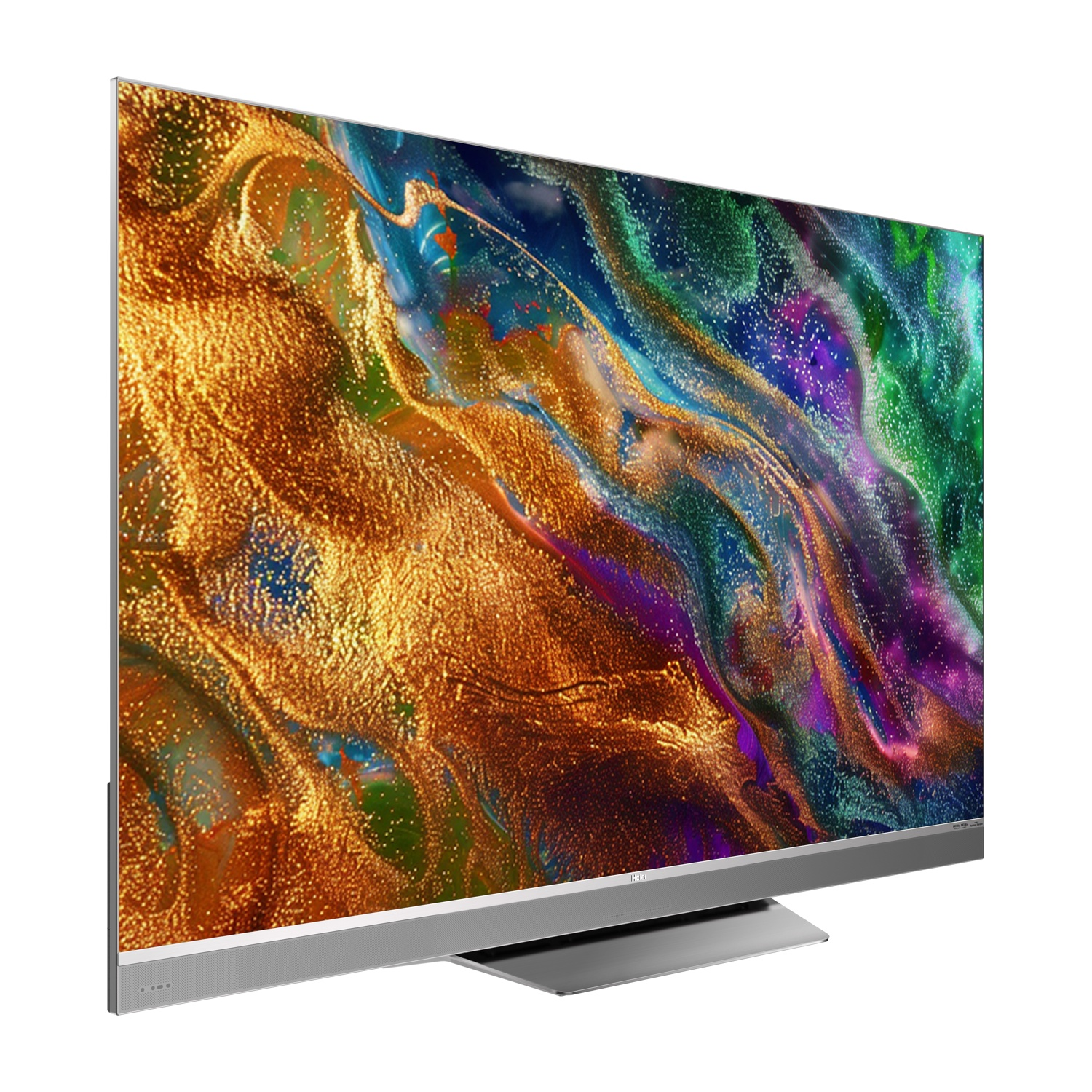 Una TV moderna a schermo piatto con un'immagine astratta e colorata sullo schermo.