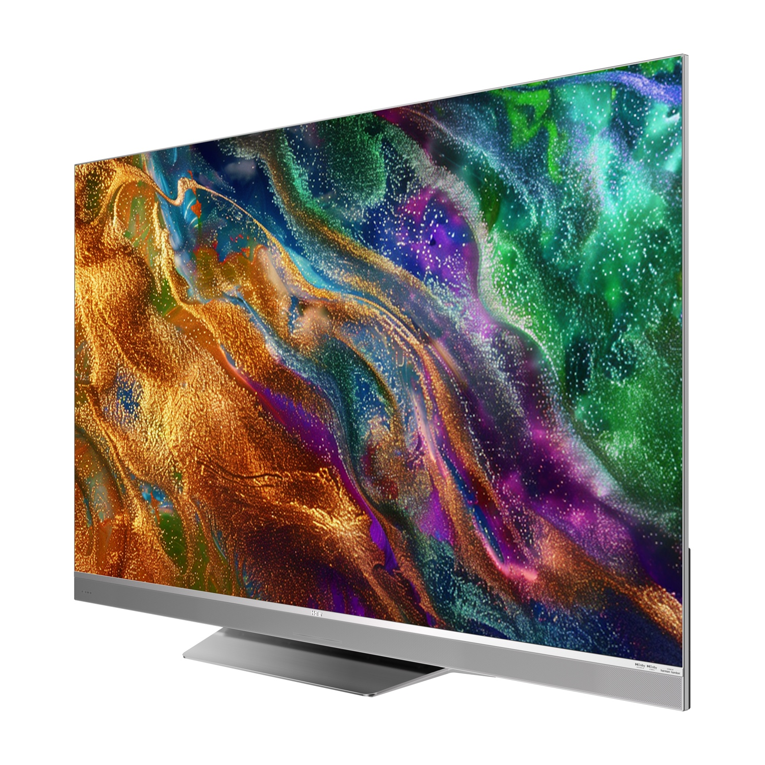 Una TV sottile con supporto argentato mostra un'immagine astratta vibrante.