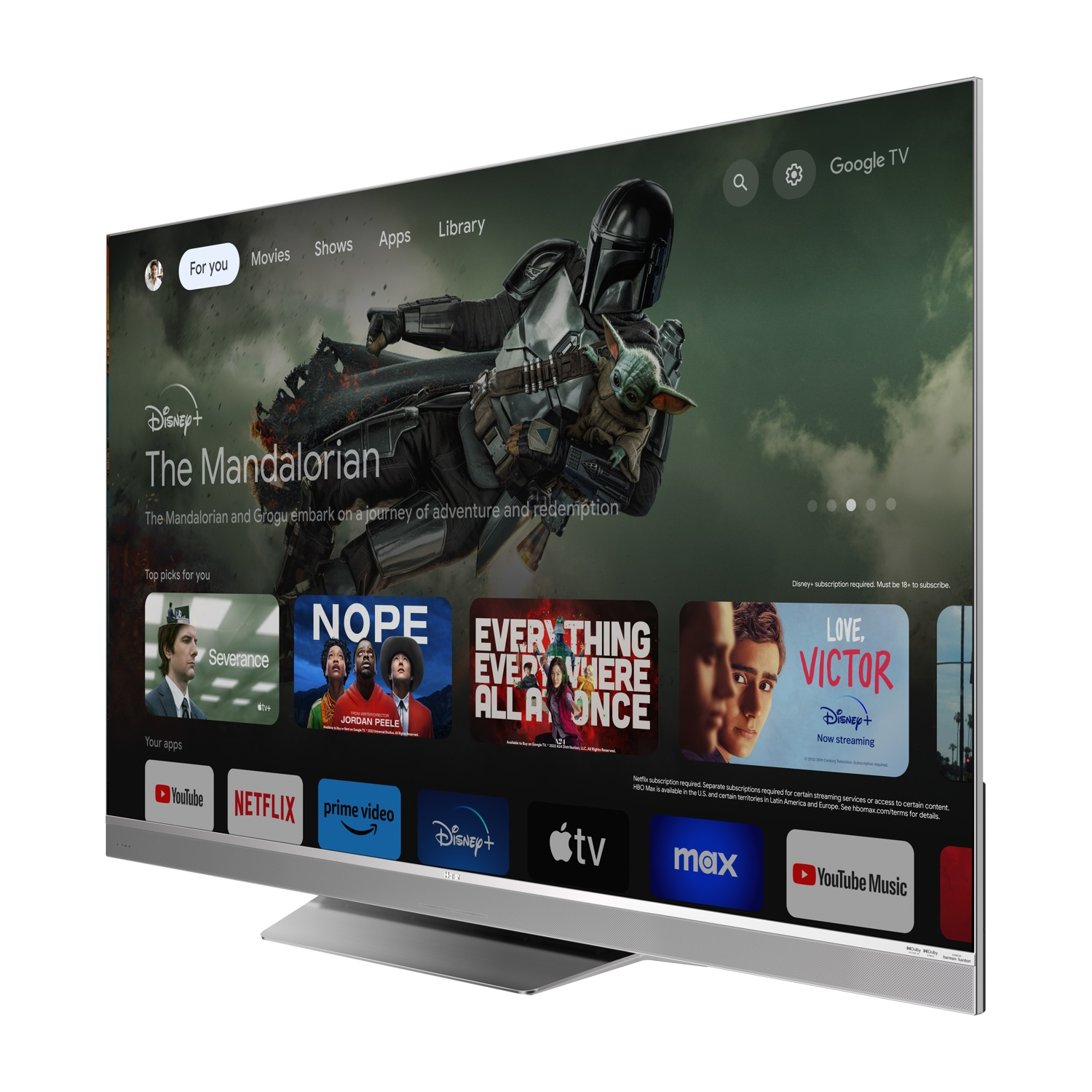 Un TV mostra la schermata home di Google TV con 