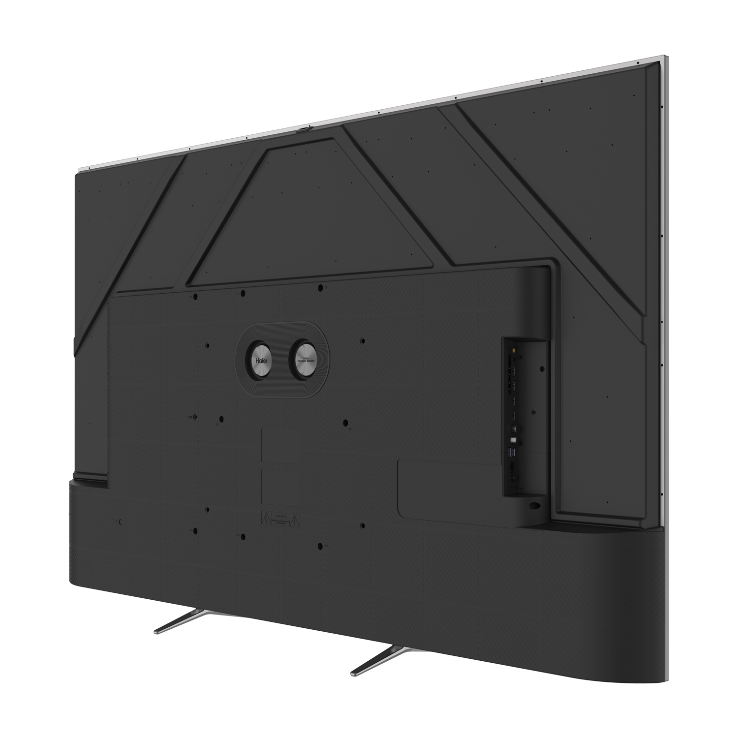 Vista posteriore di una TV a schermo piatto con cornice e supporto argentati. Porte visibili.