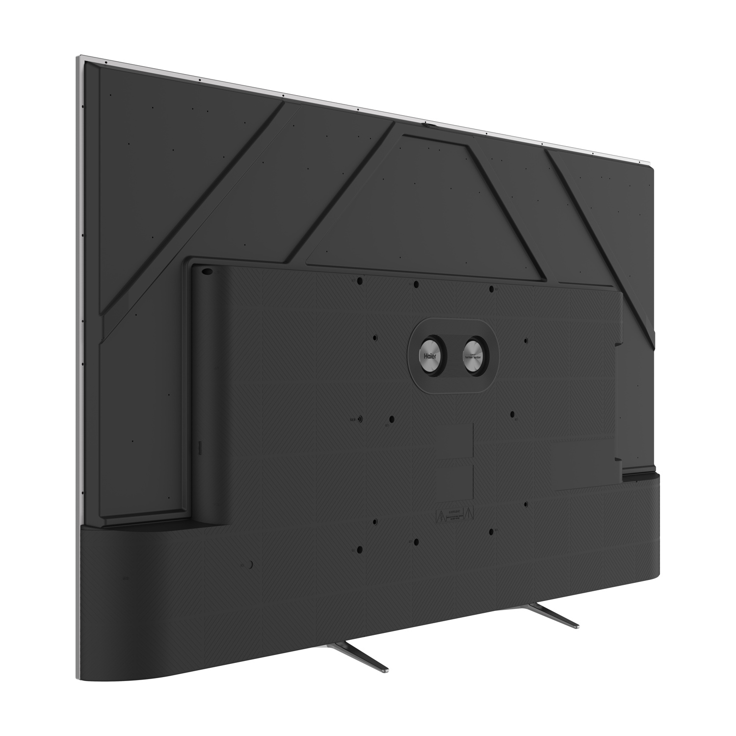 Retro di una TV nera con cornice argentata e due altoparlanti.