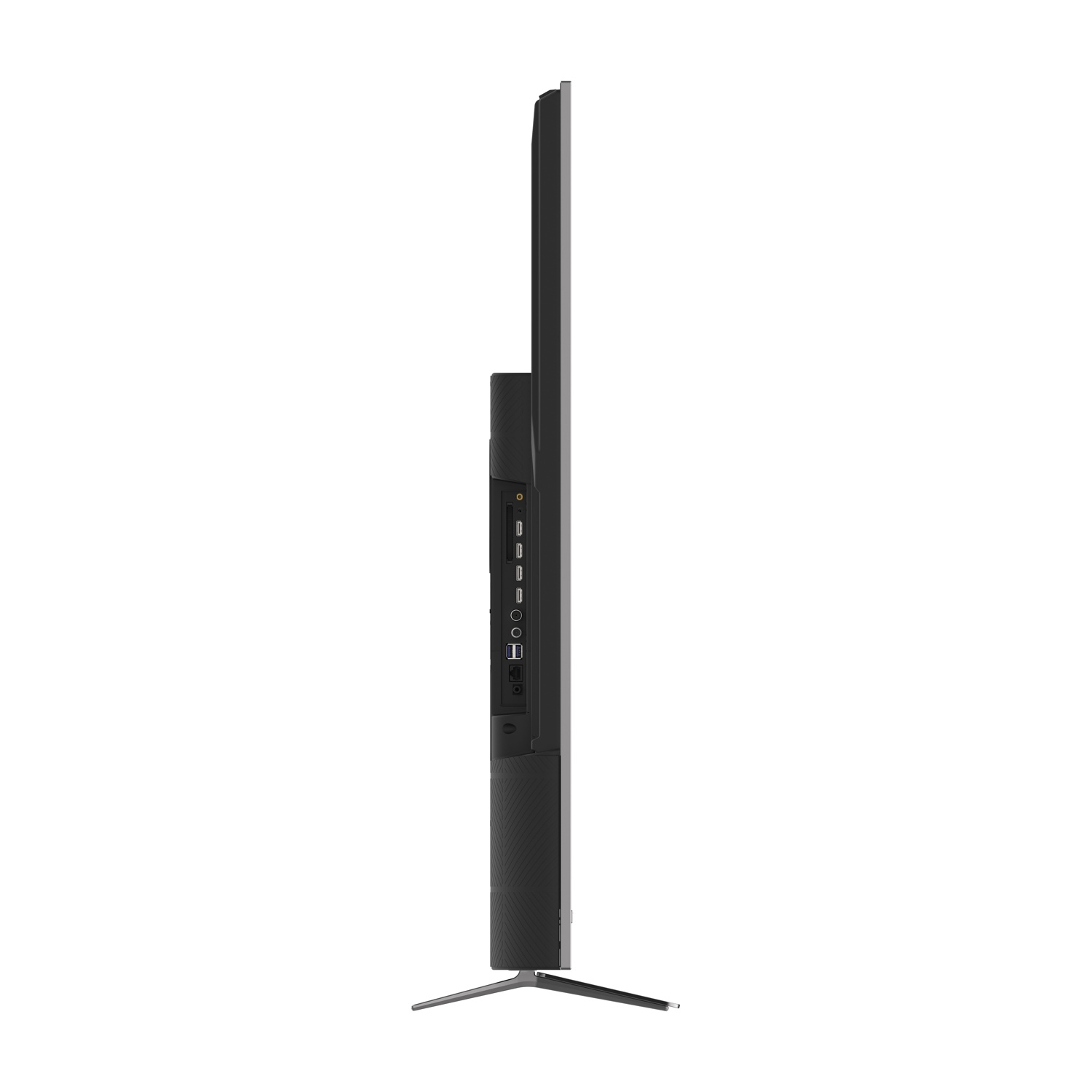 Vista laterale di una TV nera sottile con porte e supporto.
