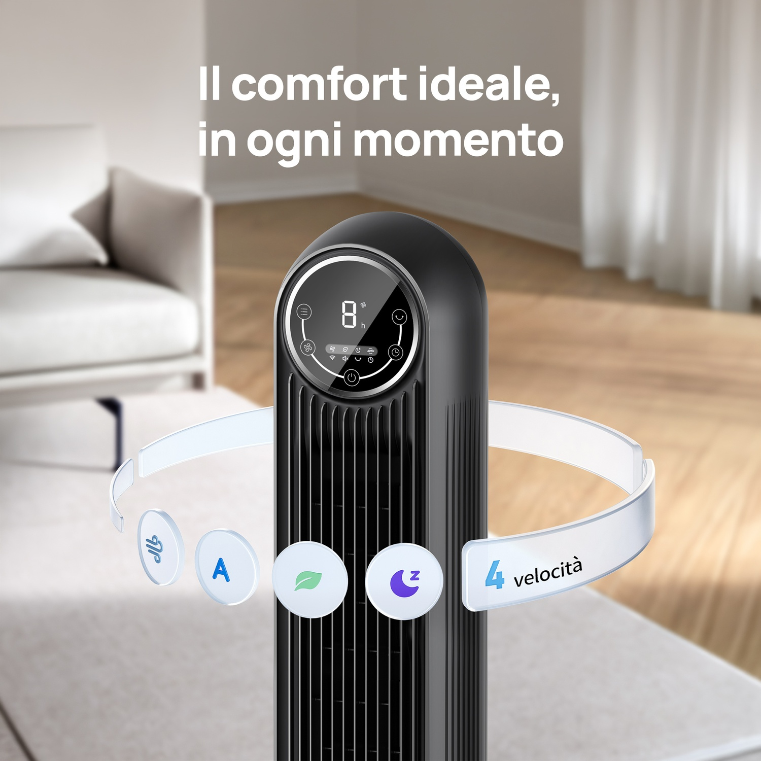 Una ventola a torre nera con display digitale, che mostra velocità e modalità della ventola.