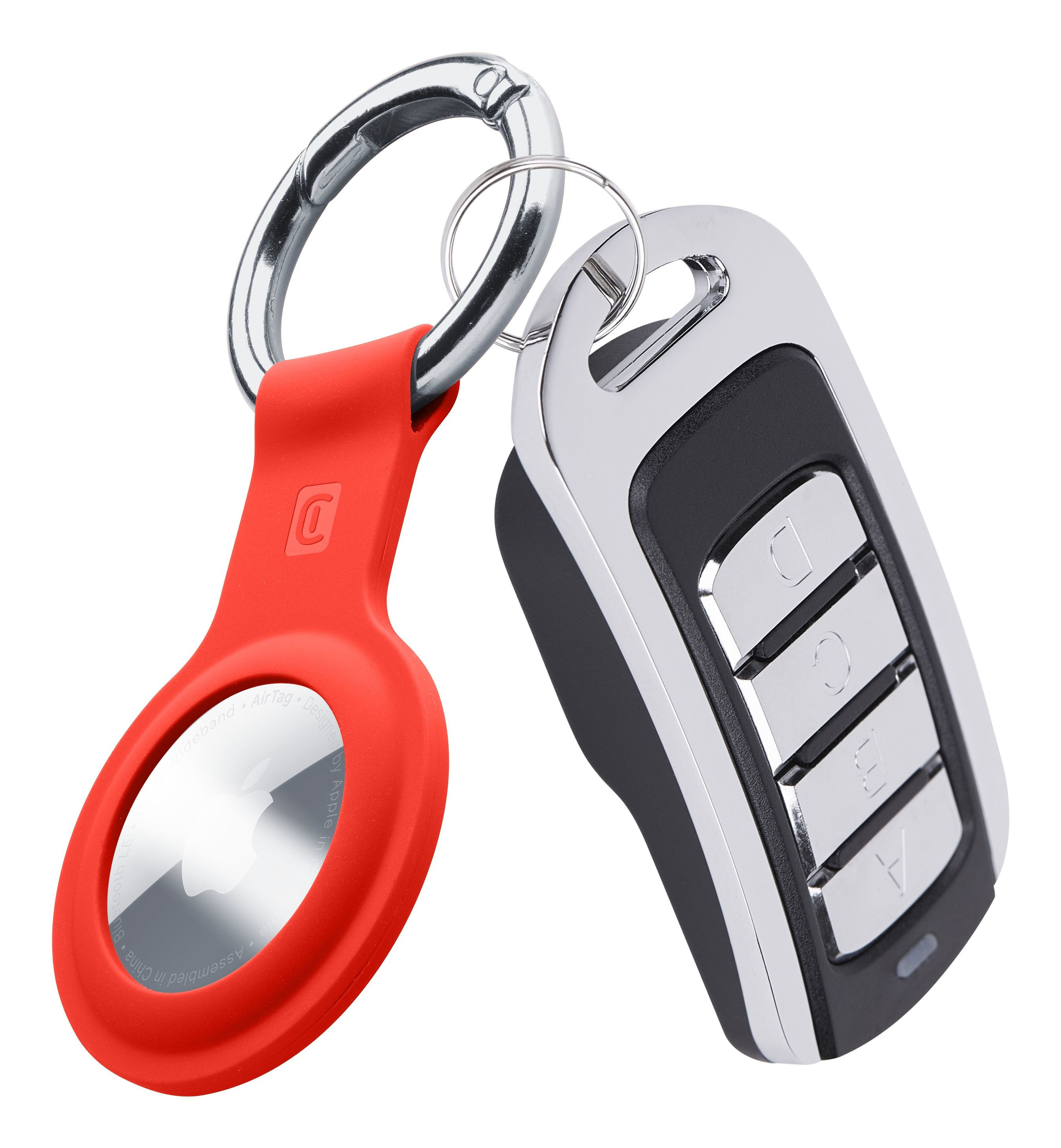 Una funda roja para AirTag con llavero y llave de coche negra.