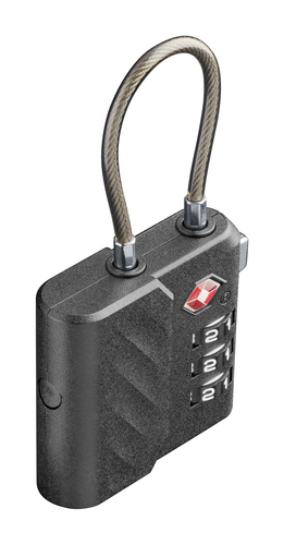 Candado de combinación TSA negro con cable de alambre plateado y logo TSA.