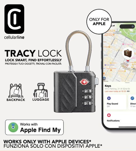 Un candado negro para equipaje, mostrado con una app de Apple Find My.