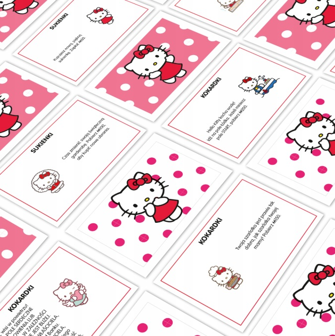 Karty Hello Kitty z różowymi groszkami i tekstem.
