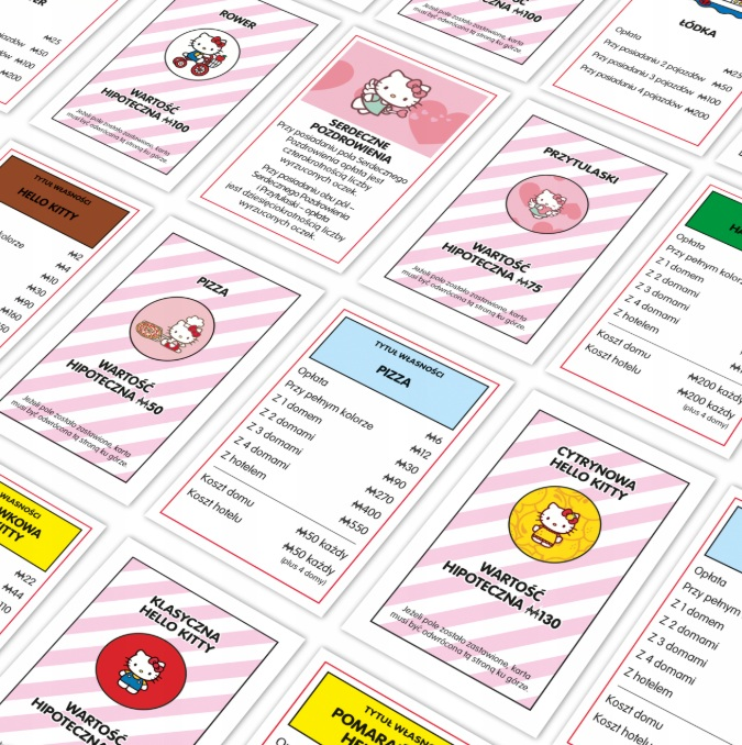 Karty do gry Monopoly z motywami Hello Kitty, niektóre z obrazkami i tekstem.